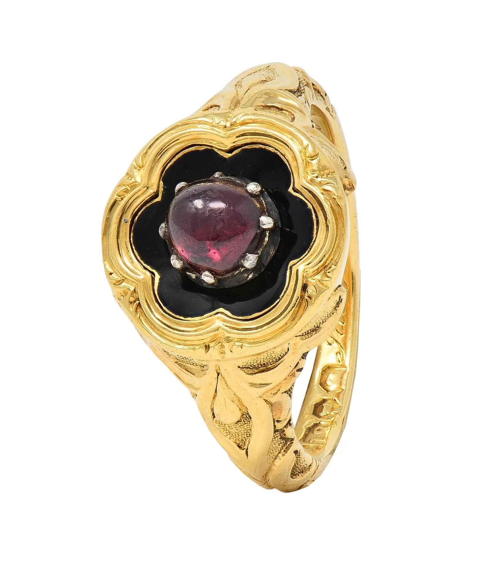 Late Victorian Ruby Enamel 14 Karat Gold Silver Antique Flower Mourning Ring