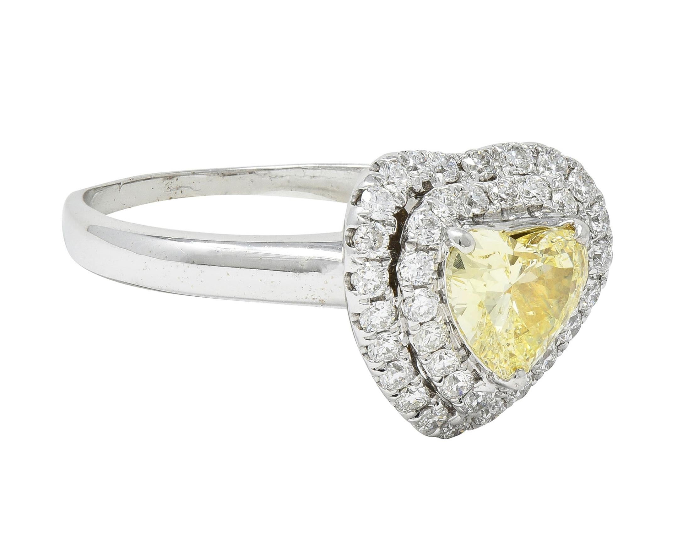 Vintage 1.50 CTW Fancy Light Yellow Heart Diamond 18 Karat Gold Halo Ring GIA