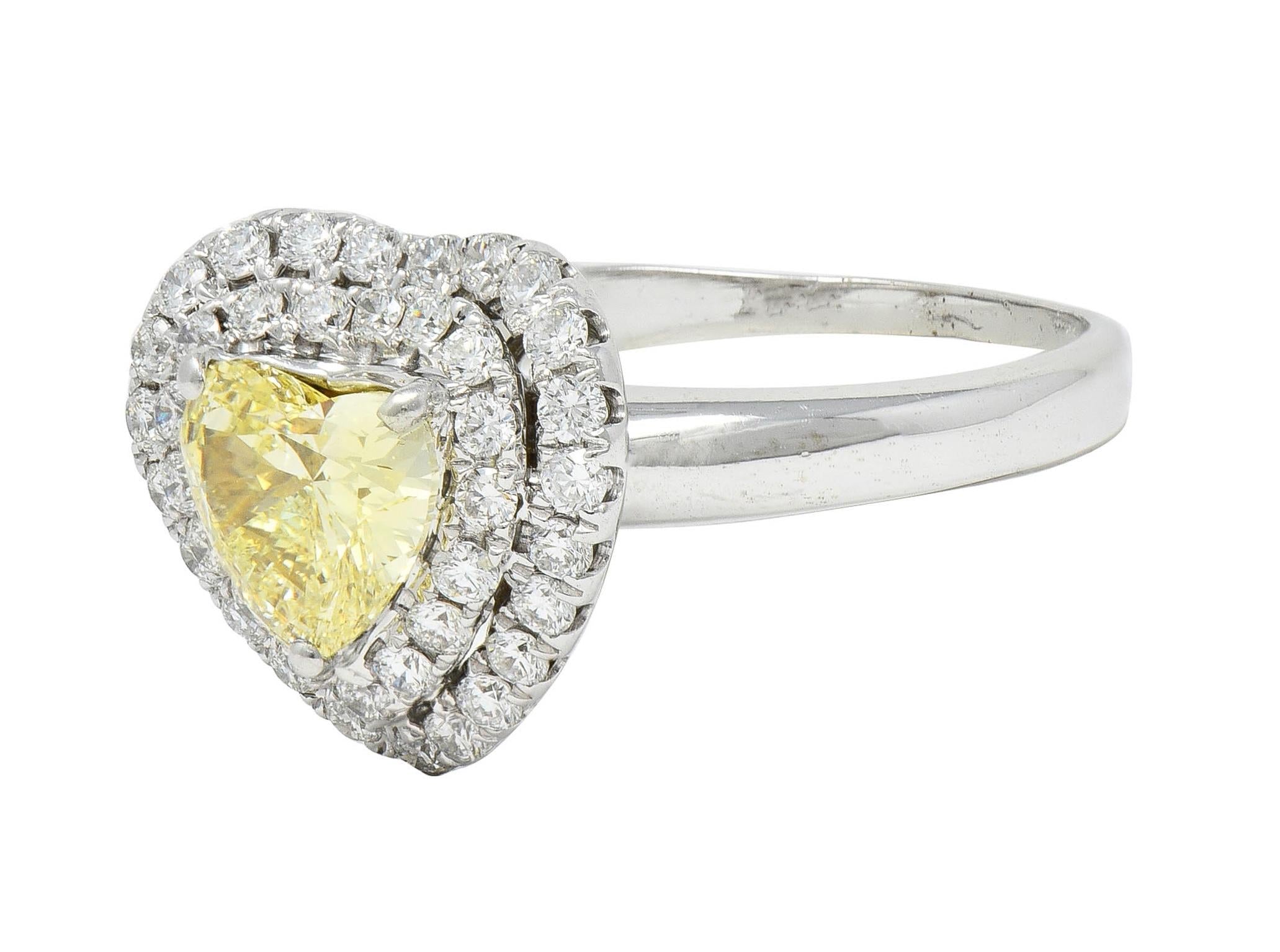 Vintage 1.50 CTW Fancy Light Yellow Heart Diamond 18 Karat Gold Halo Ring GIA