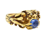 Art Nouveau 2.37 CTW Sapphire Cabochon Diamond 14K Gold Antique Gargoyle Ring