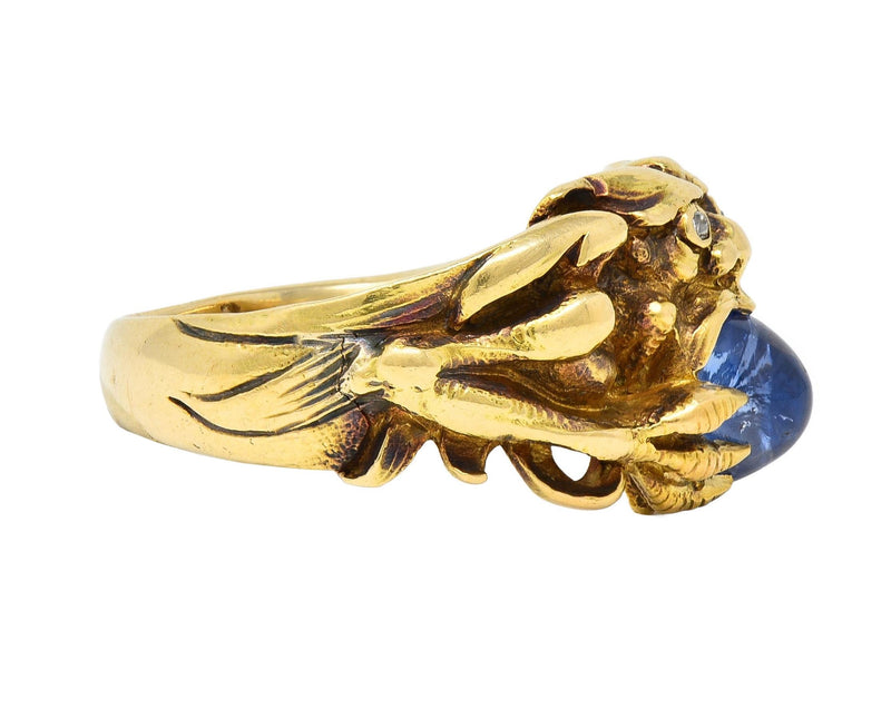 Art Nouveau 2.37 CTW Sapphire Cabochon Diamond 14K Gold Antique Gargoyle Ring