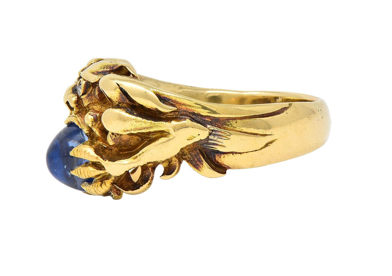 Art Nouveau 2.37 CTW Sapphire Cabochon Diamond 14K Gold Antique Gargoyle Ring