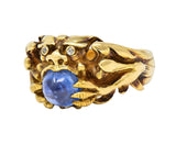 Art Nouveau 2.37 CTW Sapphire Cabochon Diamond 14K Gold Antique Gargoyle Ring