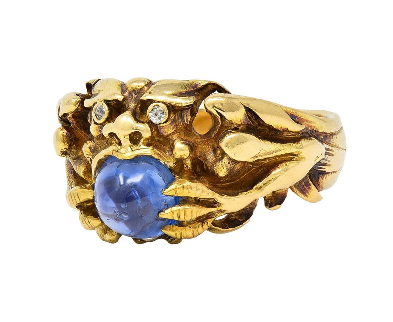 Art Nouveau 2.37 CTW Sapphire Cabochon Diamond 14K Gold Antique Gargoyle Ring