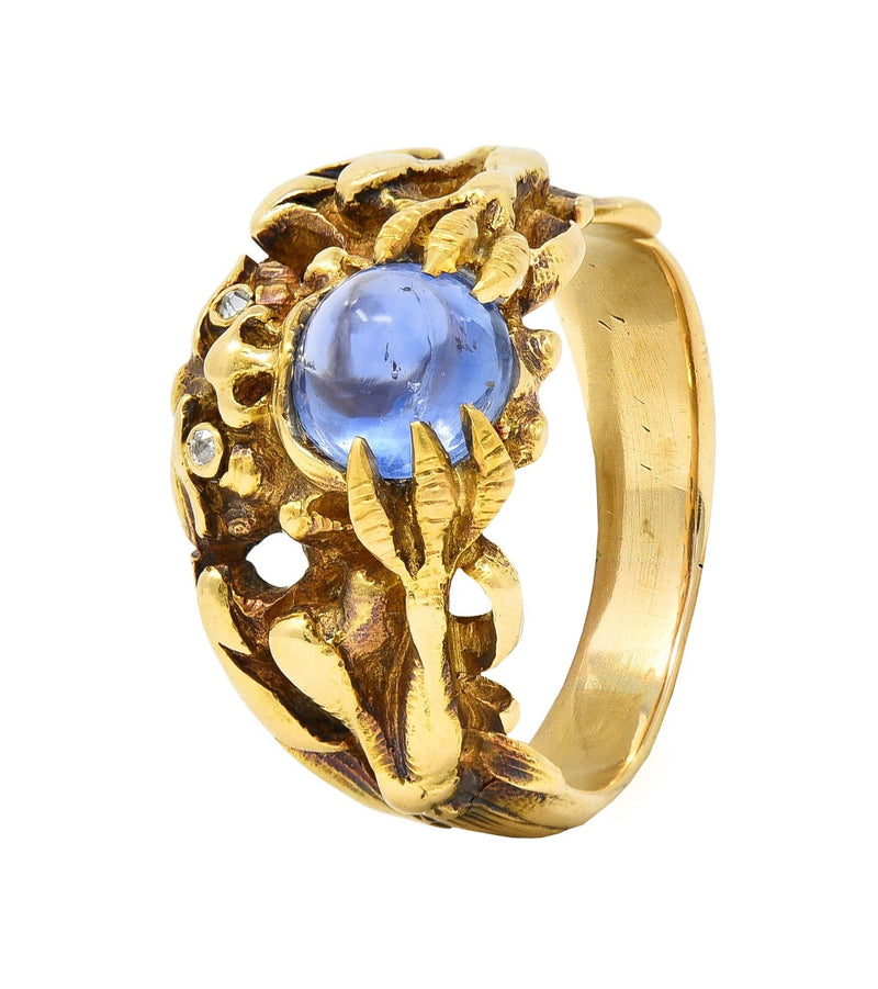 Art Nouveau 2.37 CTW Sapphire Cabochon Diamond 14K Gold Antique Gargoyle Ring