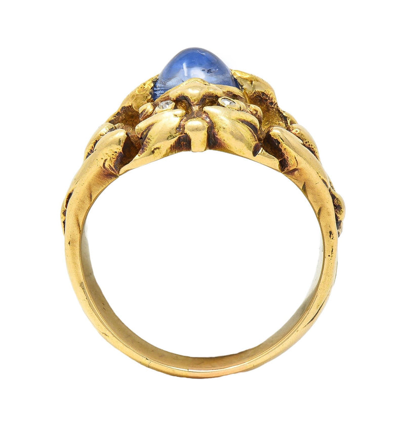 Art Nouveau 2.37 CTW Sapphire Cabochon Diamond 14K Gold Antique Gargoyle Ring