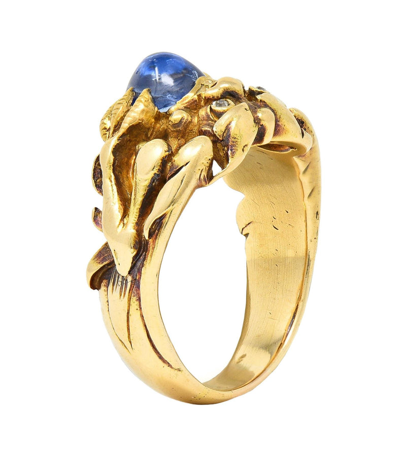 Art Nouveau 2.37 CTW Sapphire Cabochon Diamond 14K Gold Antique Gargoyle Ring