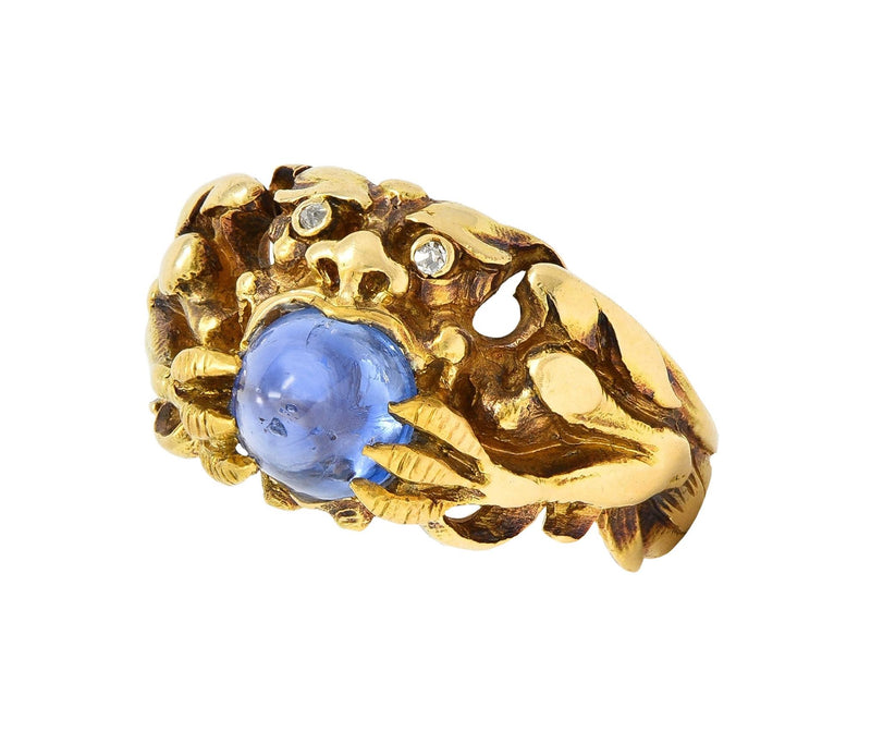 Art Nouveau 2.37 CTW Sapphire Cabochon Diamond 14K Gold Antique Gargoyle Ring