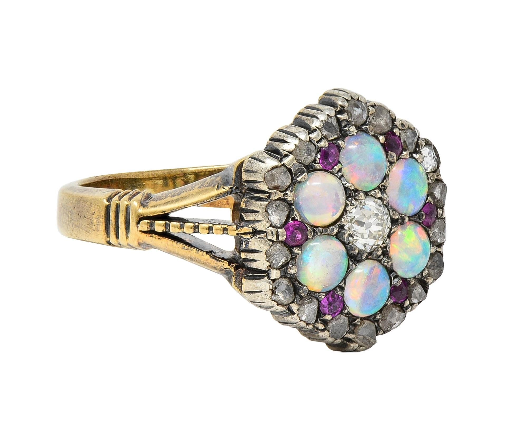 Victorian 0.58 CTW Diamond Ruby Opal Silver 14 Karat Gold Antique Cluster Ring