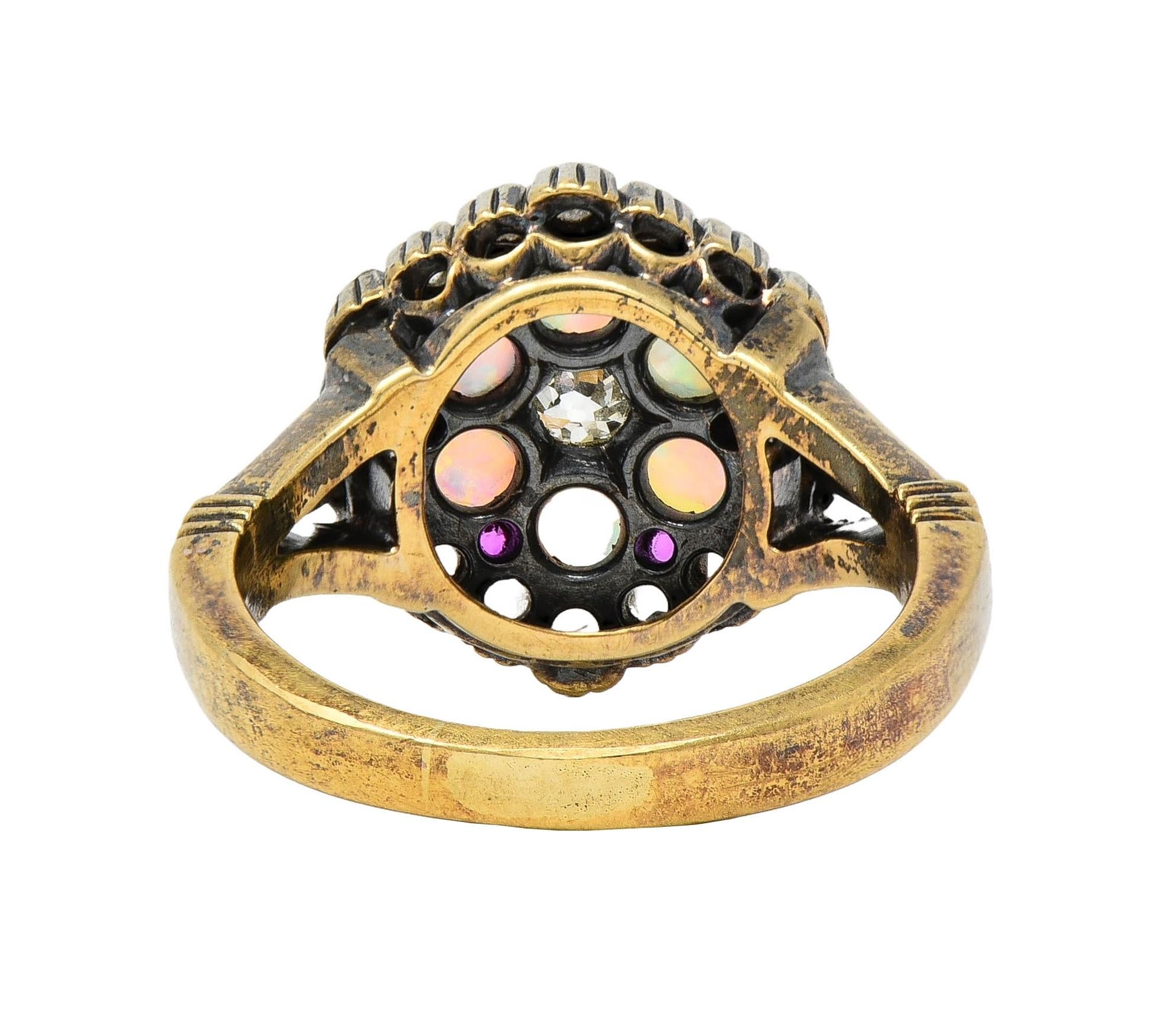 Victorian 0.58 CTW Diamond Ruby Opal Silver 14 Karat Gold Antique Cluster Ring