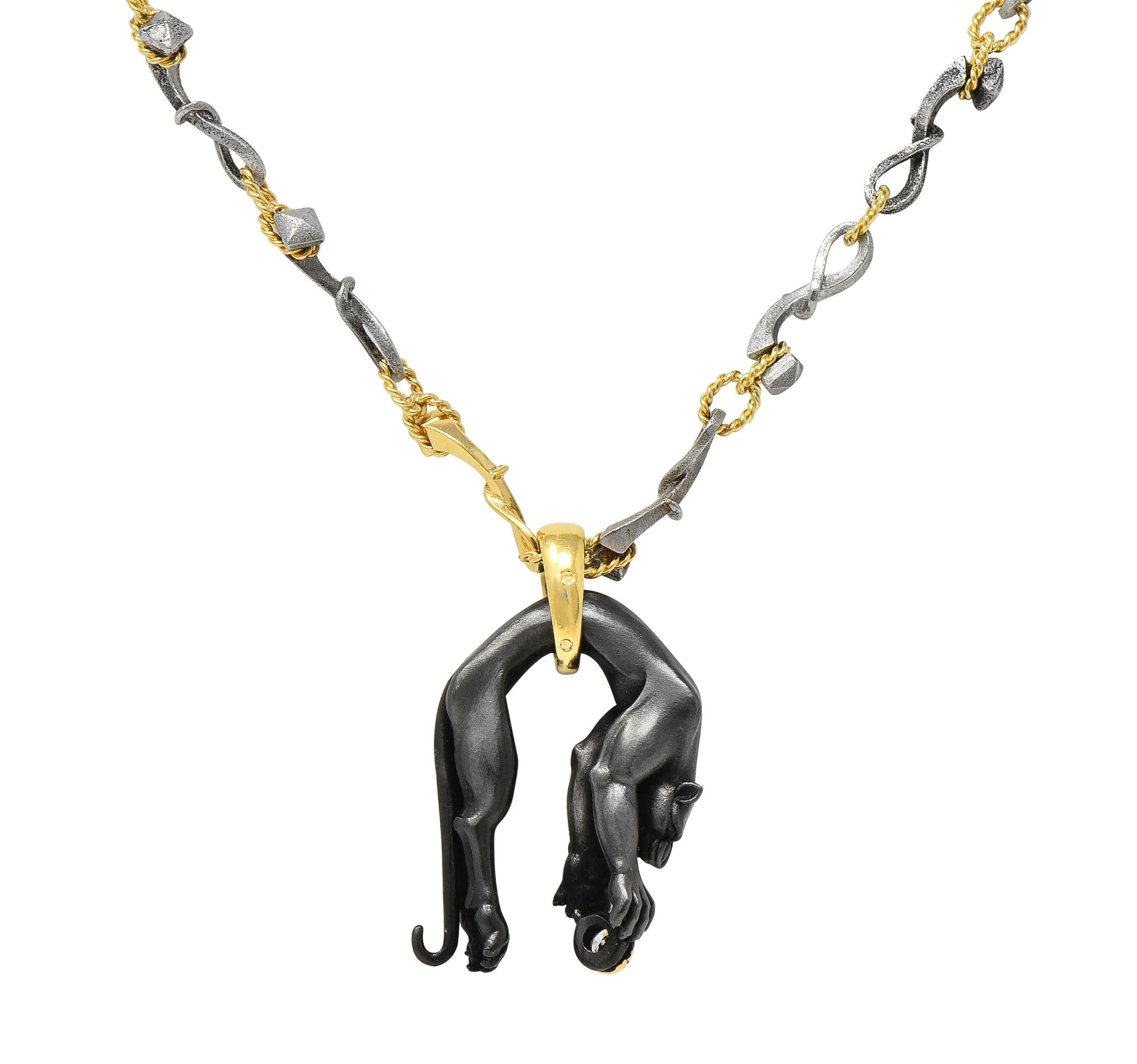 Carrera y Carrera 2000s Diamond Anodized Steel 18 Karat Gold Panther Necklace