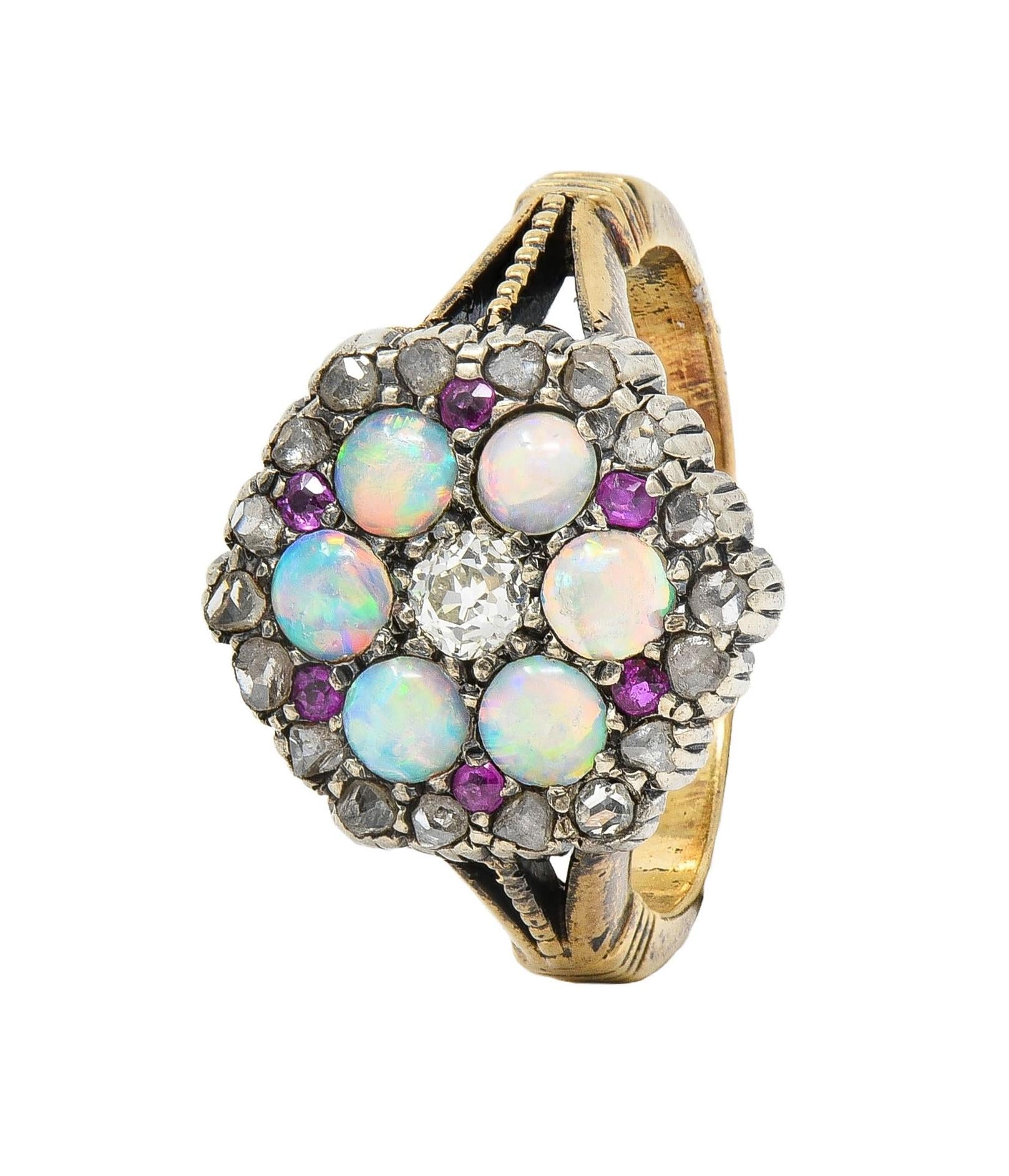 Victorian 0.58 CTW Diamond Ruby Opal Silver 14 Karat Gold Antique Cluster Ring