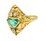 Arts & Crafts 1.67 CTW Emerald Diamond 18 Karat Yellow Gold Antique Scroll Ring