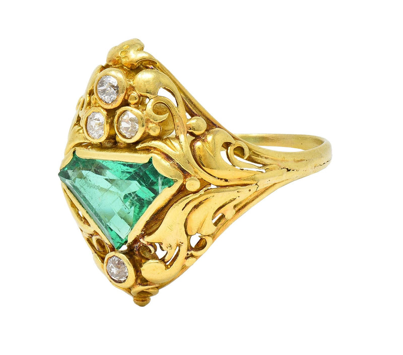 Arts & Crafts 1.67 CTW Emerald Diamond 18 Karat Yellow Gold Antique Scroll Ring