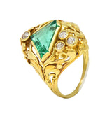 Arts & Crafts 1.67 CTW Emerald Diamond 18 Karat Yellow Gold Antique Scroll Ring