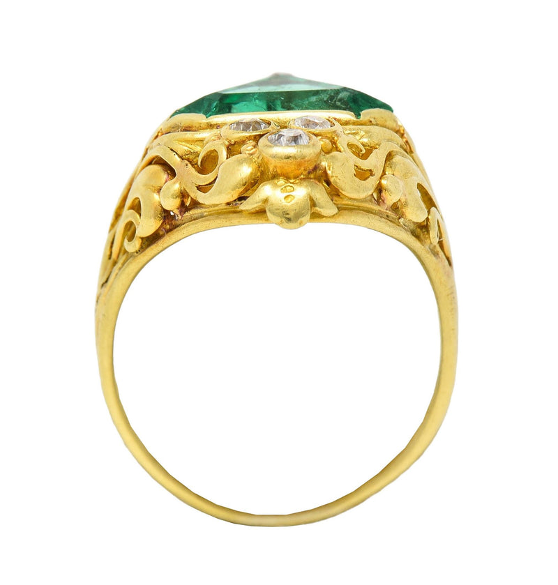 Arts & Crafts 1.67 CTW Emerald Diamond 18 Karat Yellow Gold Antique Scroll Ring