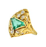 Arts & Crafts 1.67 CTW Emerald Diamond 18 Karat Yellow Gold Antique Scroll Ring