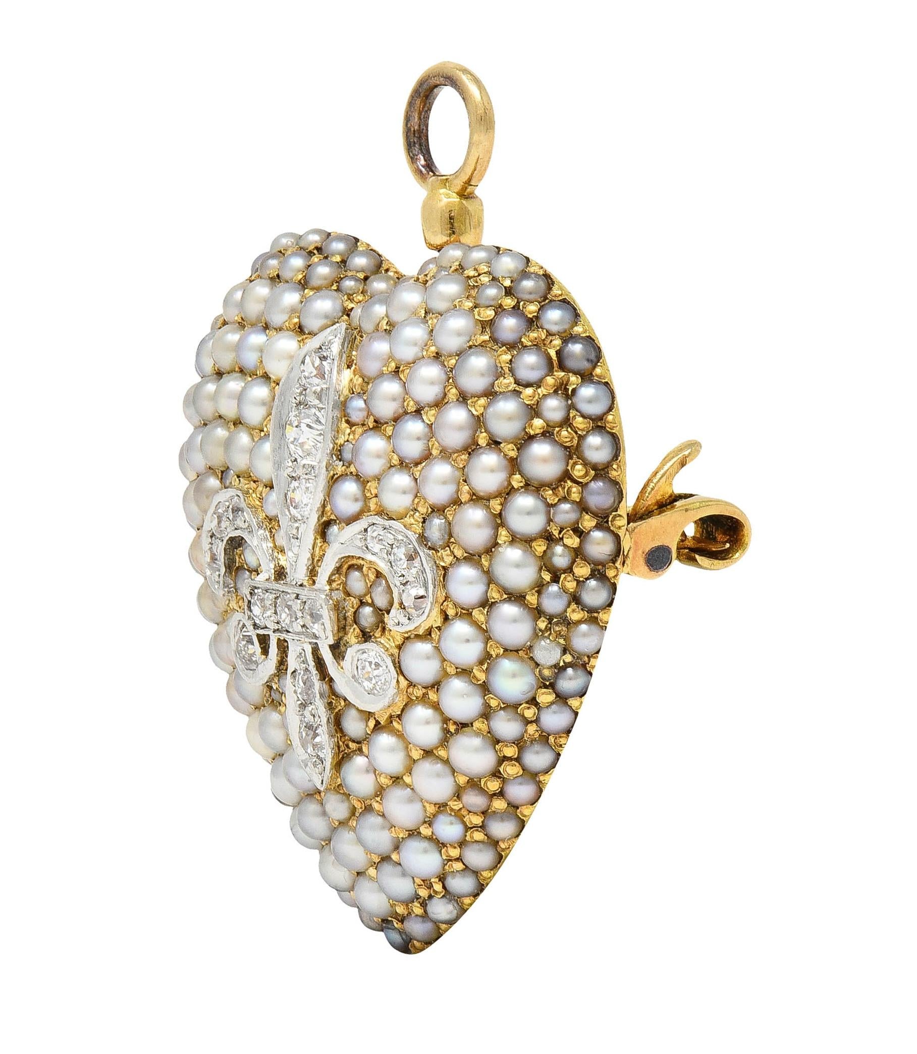 Edwardian Diamond Pearl Platinum 14K Yellow Gold Heart Antique Pendant Brooch