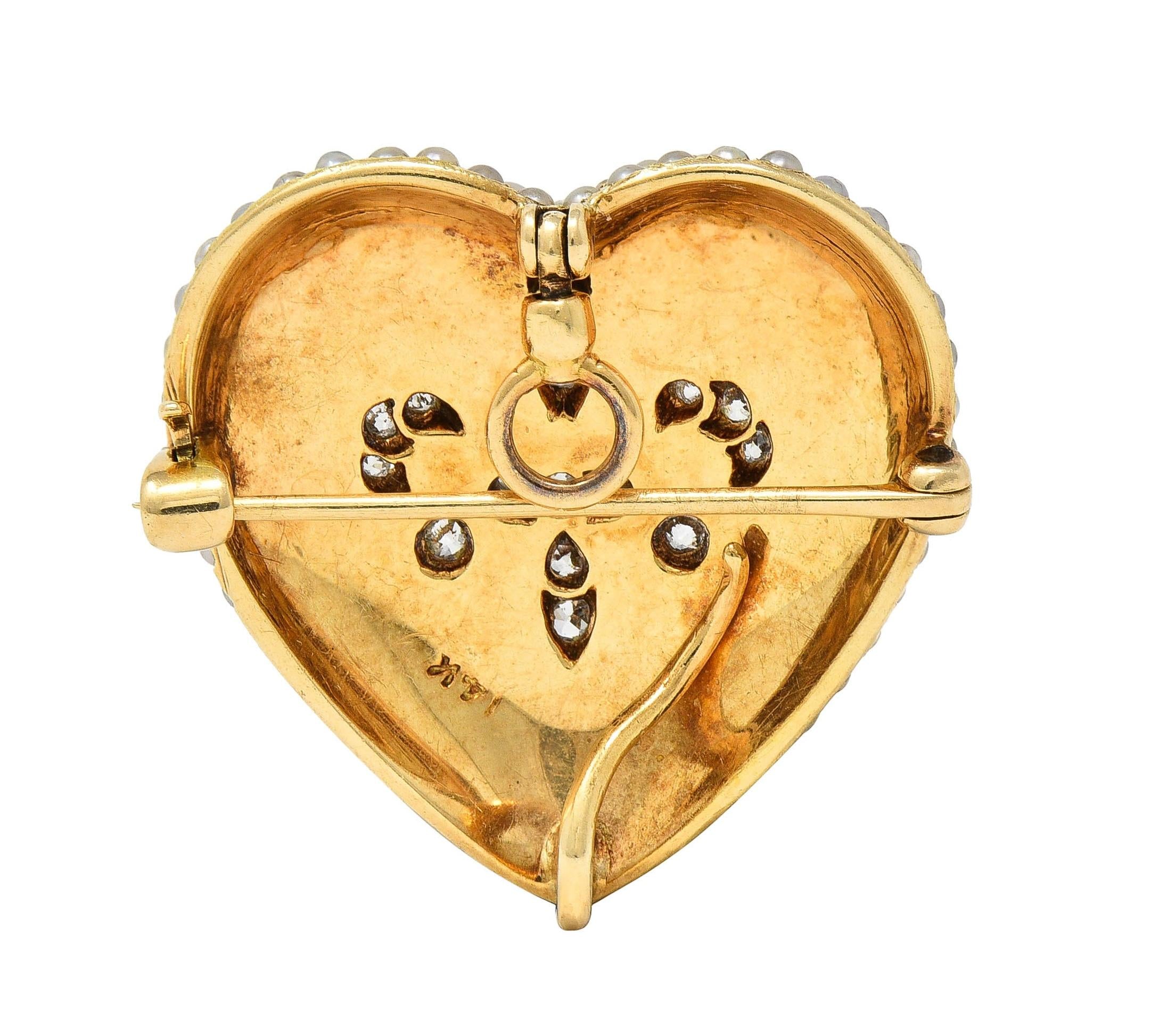 Edwardian Diamond Pearl Platinum 14K Yellow Gold Heart Antique Pendant Brooch