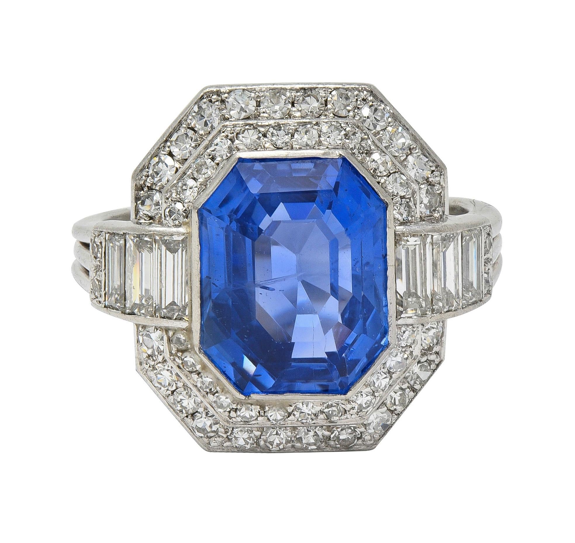 Mid Century 7.12 CTW No Heat Ceylon Sapphire Diamond Platinum Vintage Halo Ring