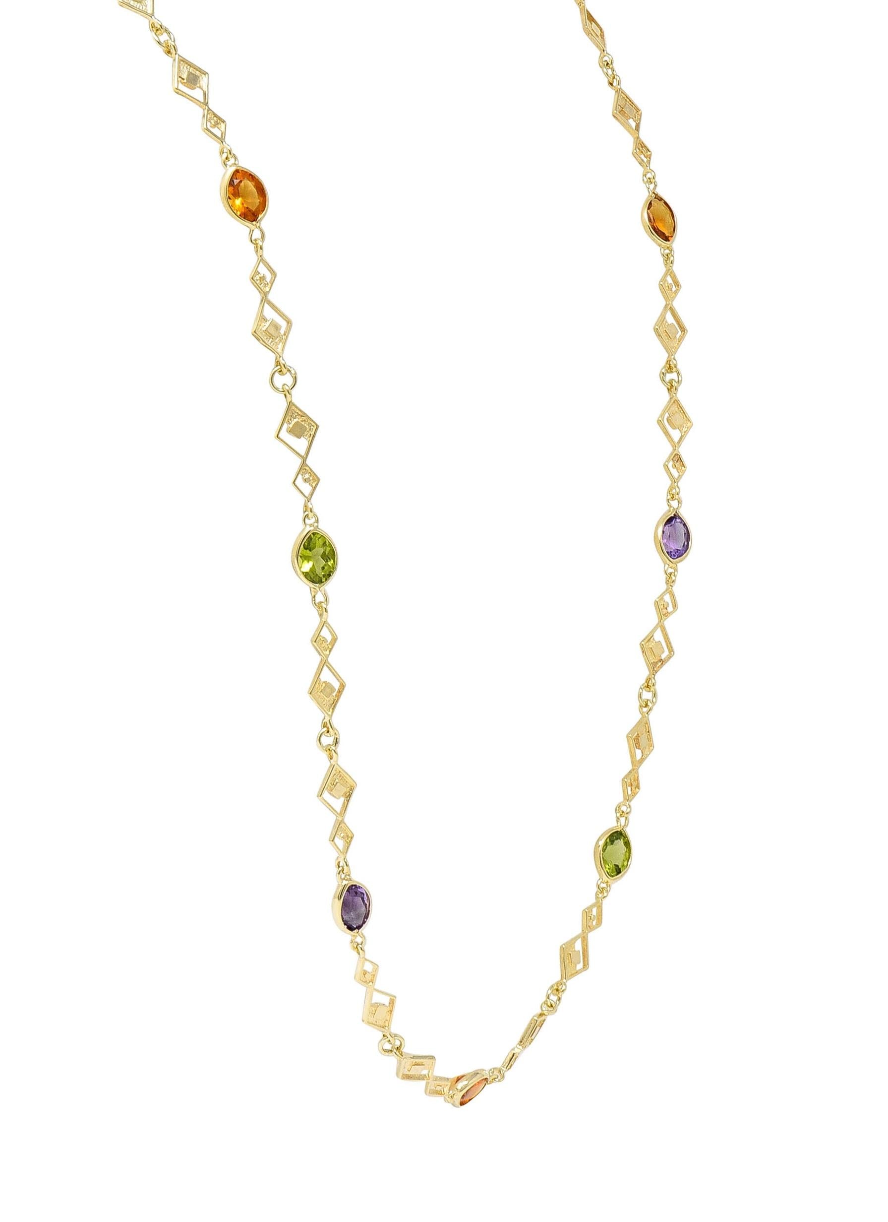 2000's Multi-Gem 14 Karat Yellow Gold Geometric Station Necklace