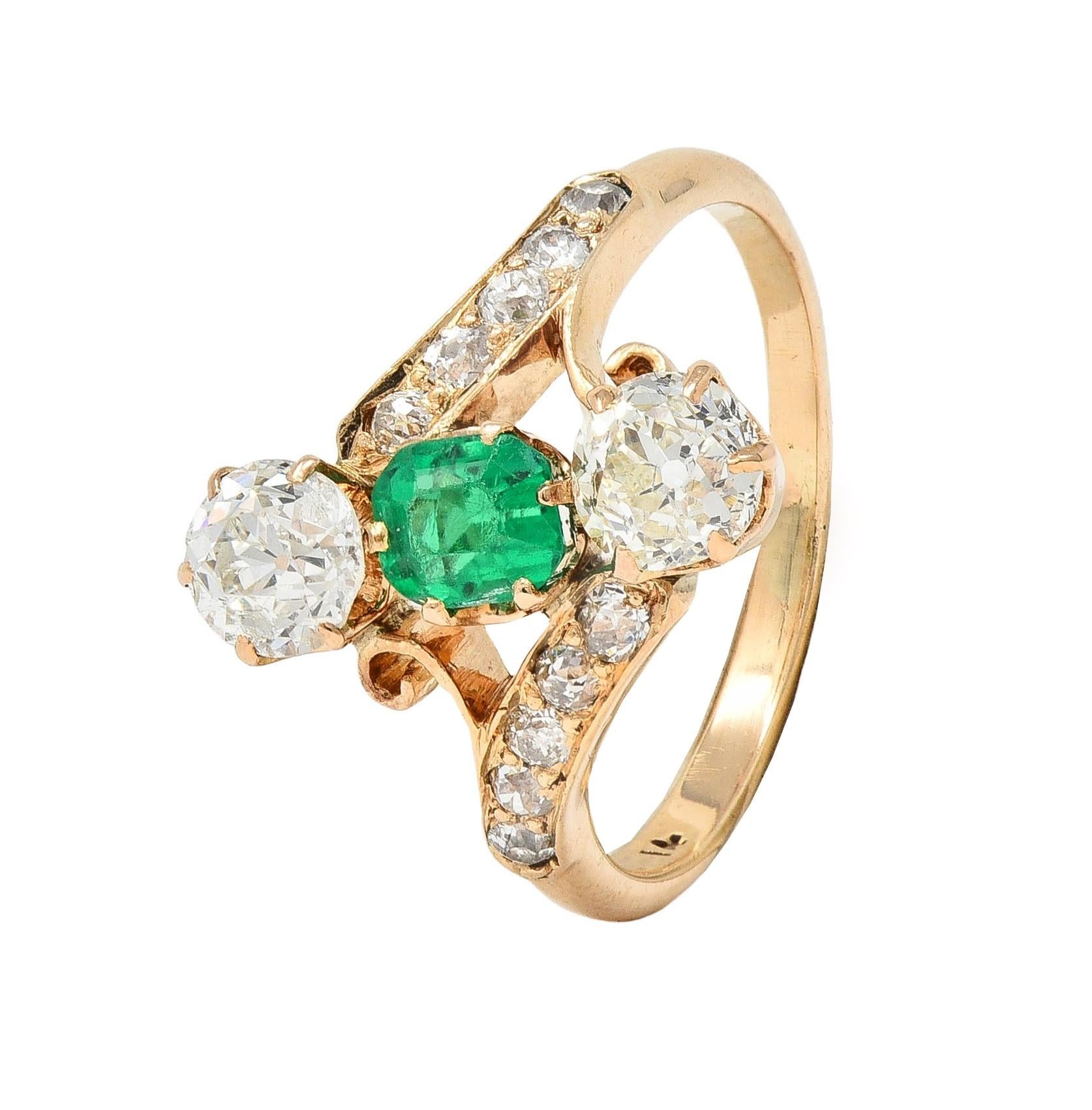 Victorian 1.66 CTW Emerald Diamond 14 Karat Yellow Gold Antique Bypass Ring