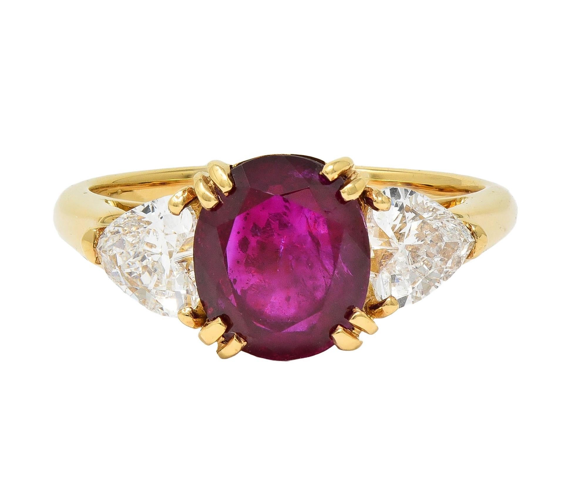 French No Heat Burma Ruby Heart Diamond 18 Karat Yellow Gold Vintage Ring