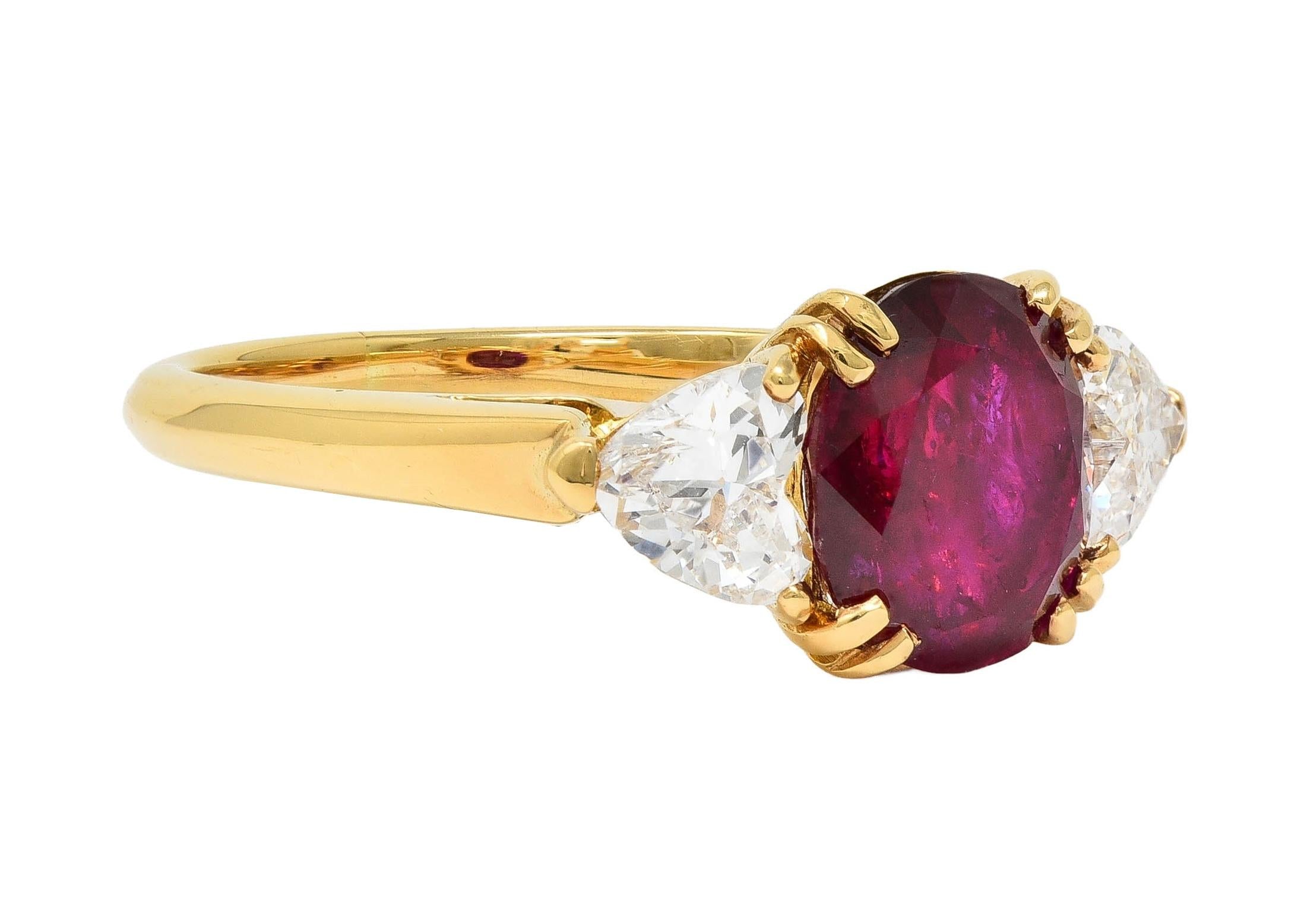 French No Heat Burma Ruby Heart Diamond 18 Karat Yellow Gold Vintage Ring