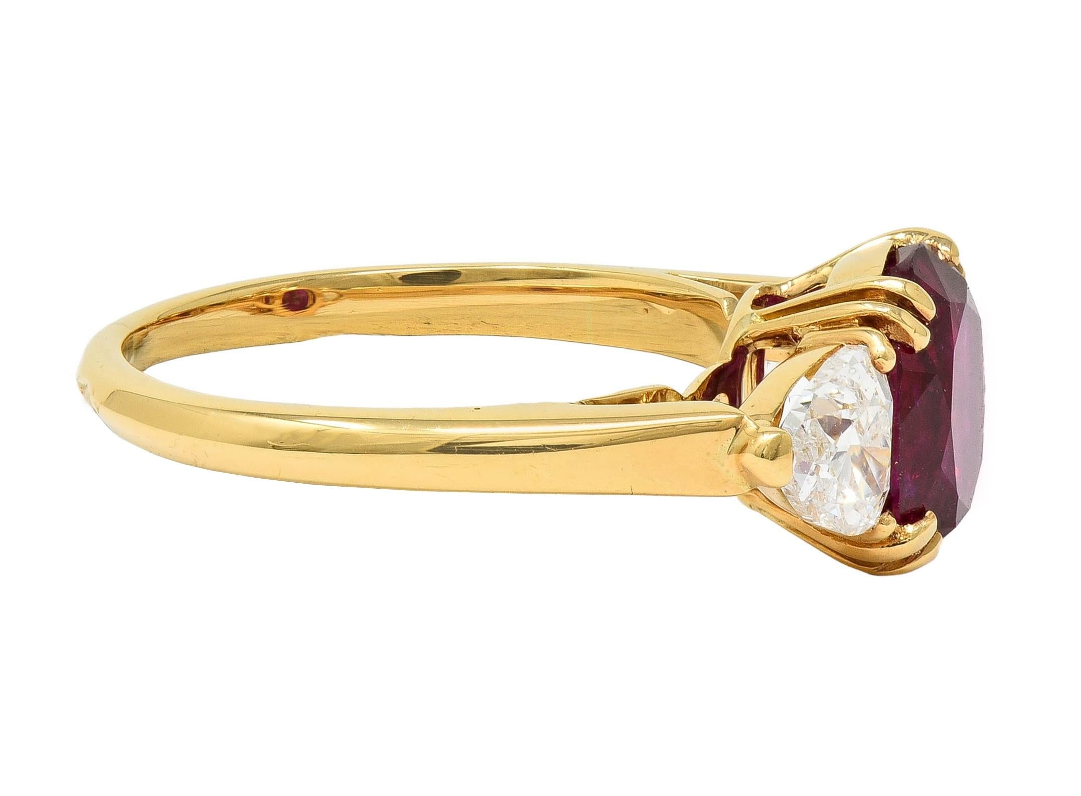 French No Heat Burma Ruby Heart Diamond 18 Karat Yellow Gold Vintage Ring