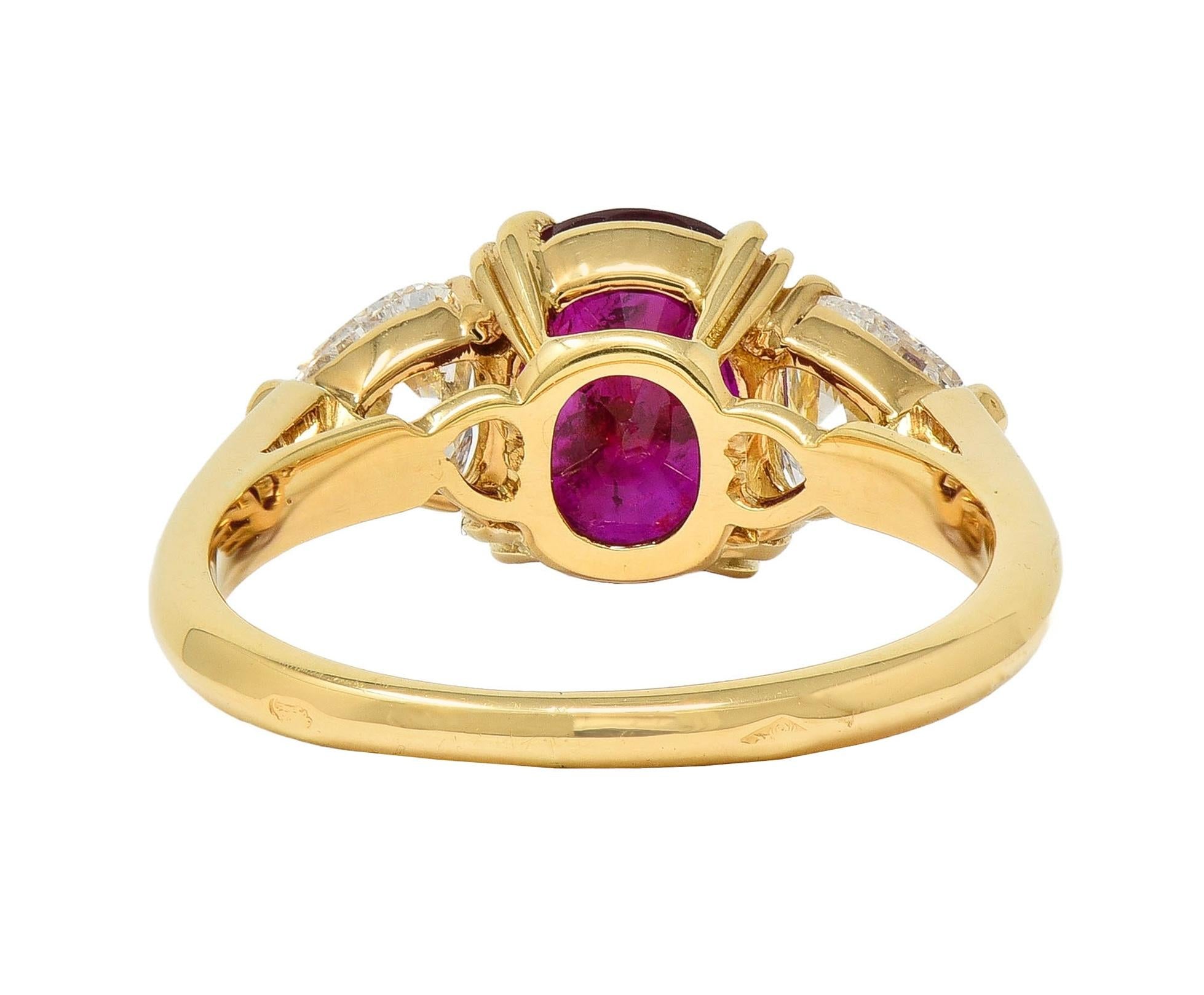 French No Heat Burma Ruby Heart Diamond 18 Karat Yellow Gold Vintage Ring