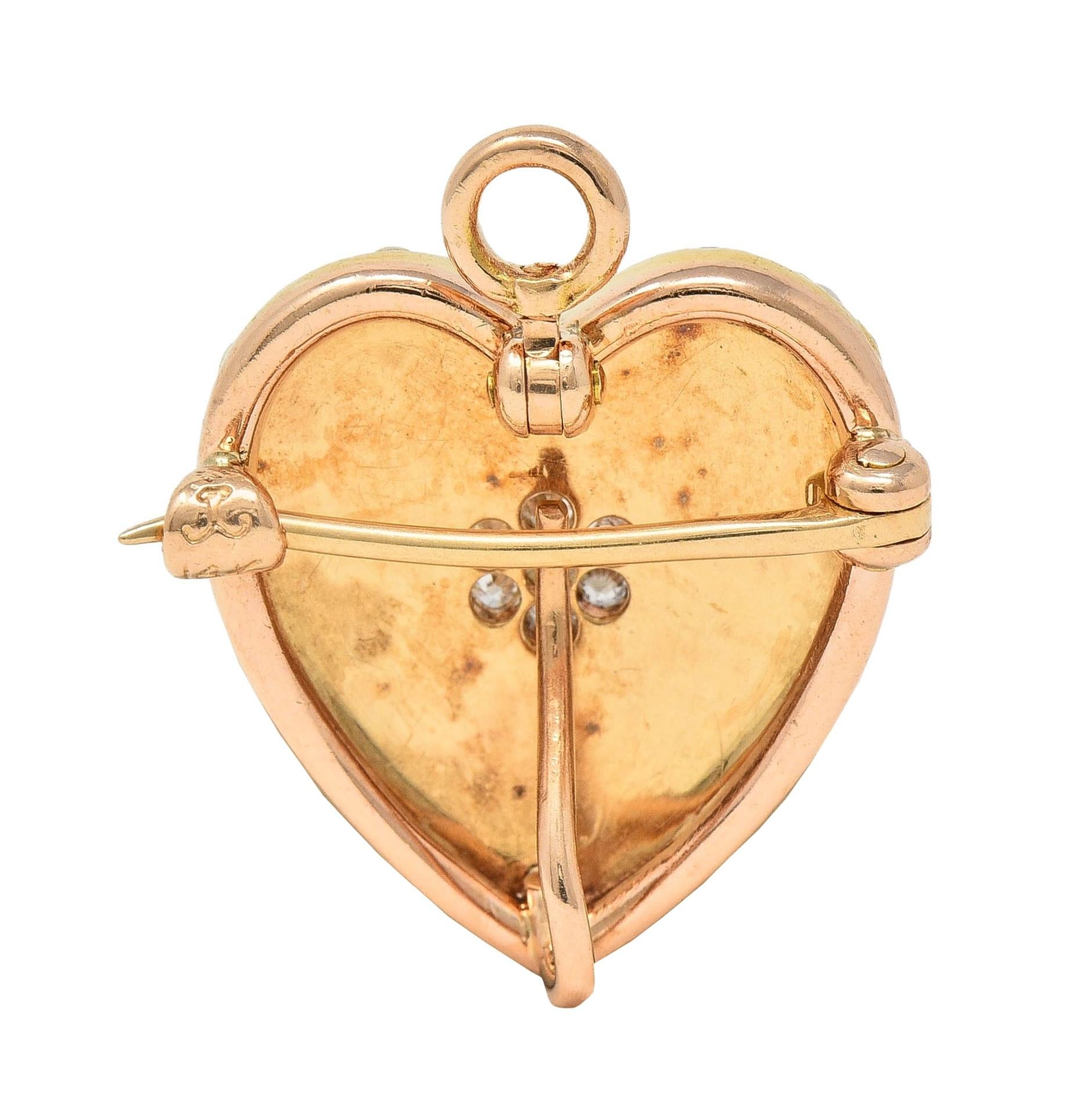 Krementz Victorian Diamond Pearl 14K Gold Antique Puffy Heart Pendant Brooch