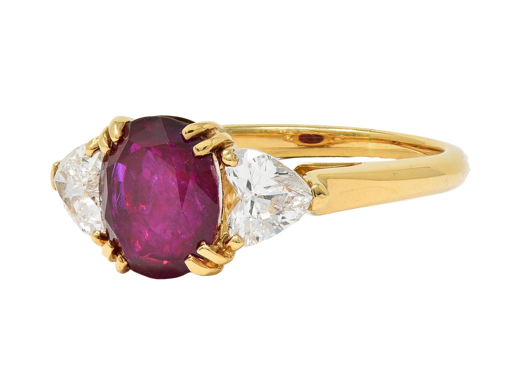 French No Heat Burma Ruby Heart Diamond 18 Karat Yellow Gold Vintage Ring