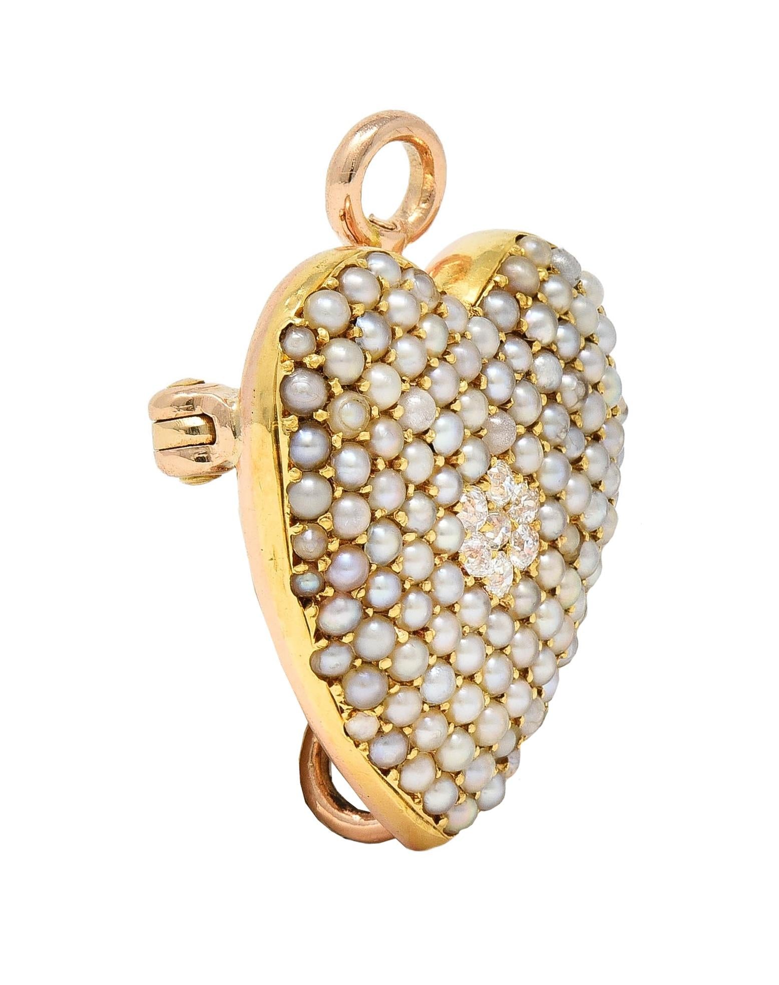 Krementz Victorian Diamond Pearl 14K Gold Antique Puffy Heart Pendant Brooch