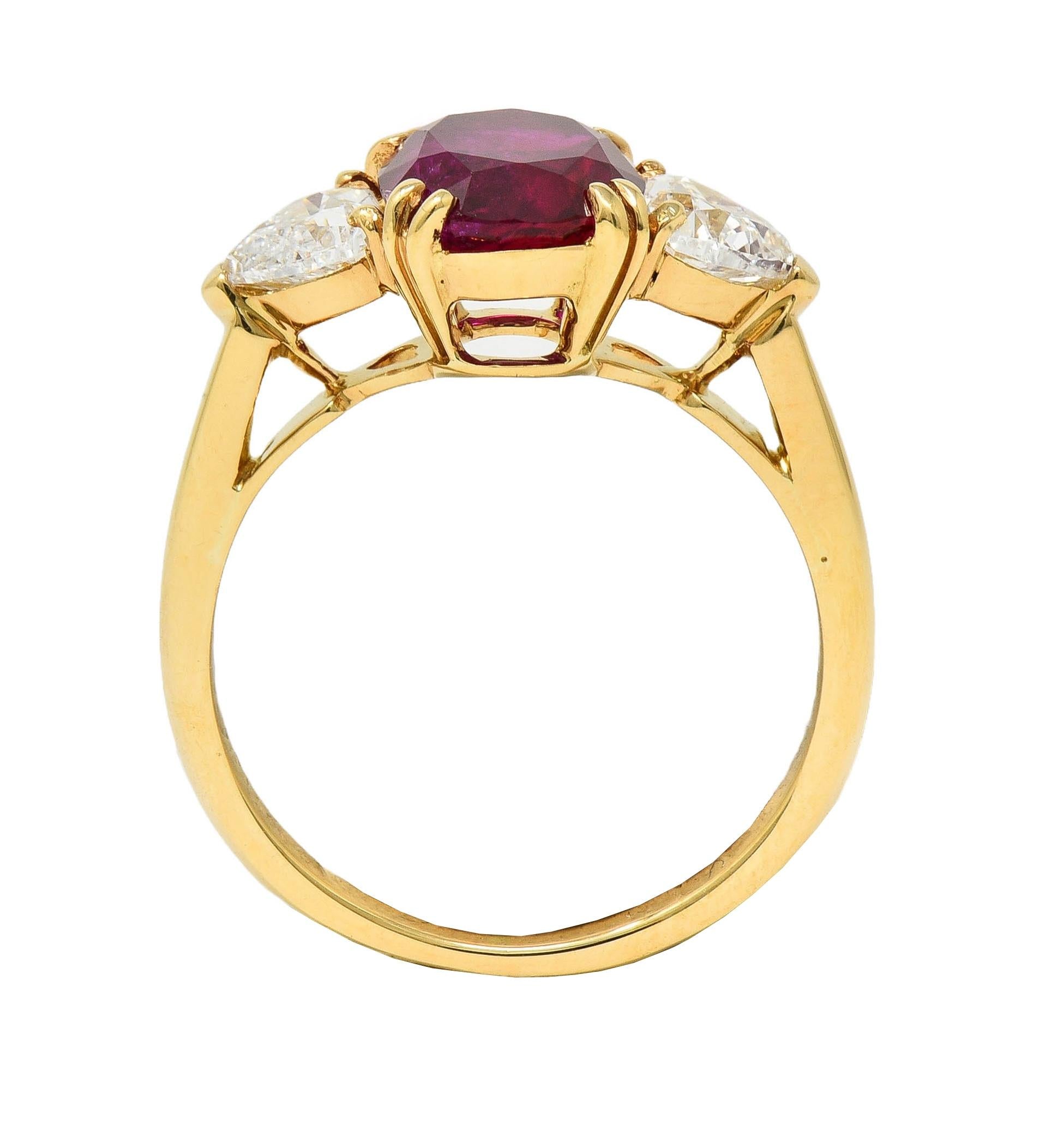 French No Heat Burma Ruby Heart Diamond 18 Karat Yellow Gold Vintage Ring