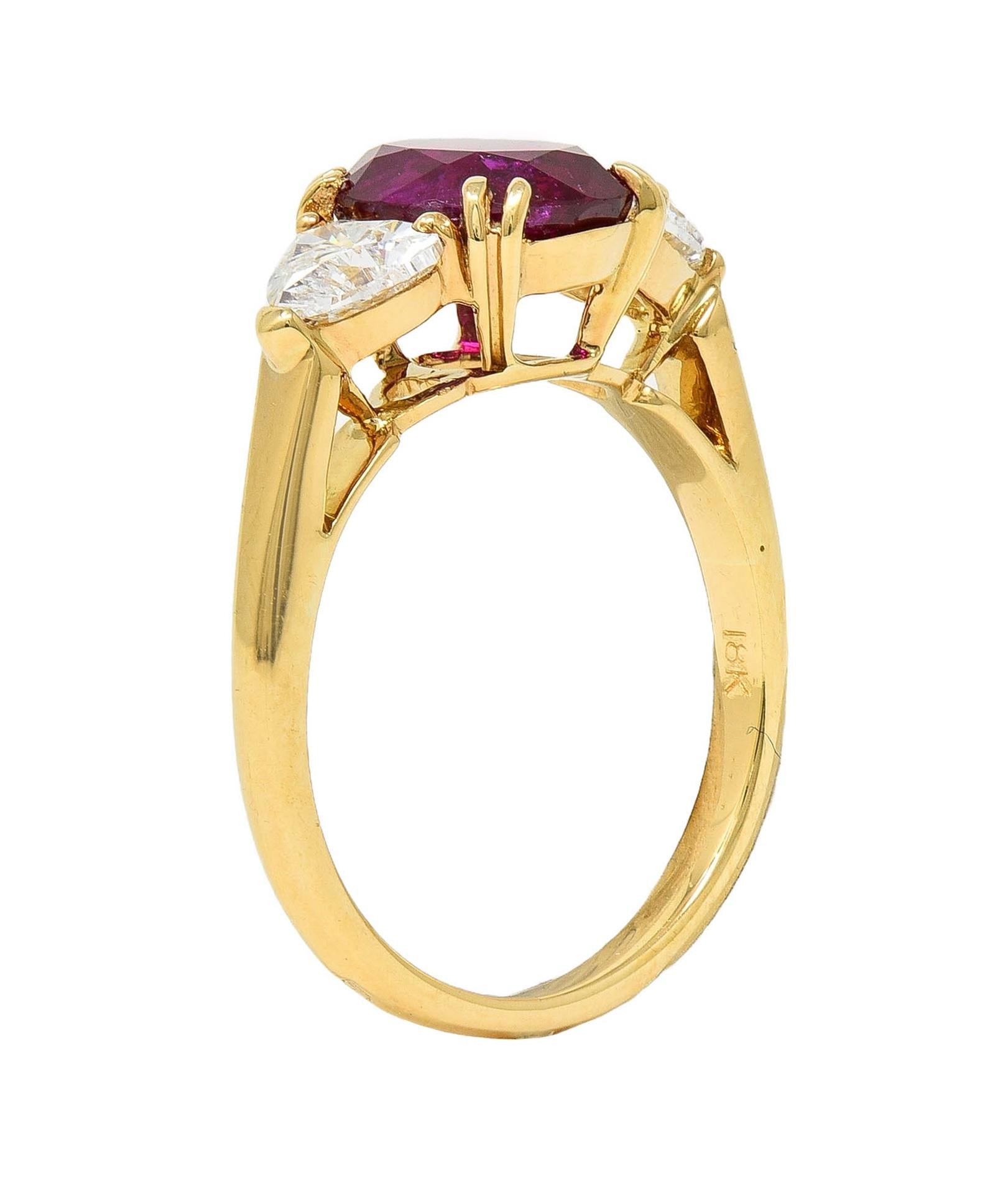 French No Heat Burma Ruby Heart Diamond 18 Karat Yellow Gold Vintage Ring