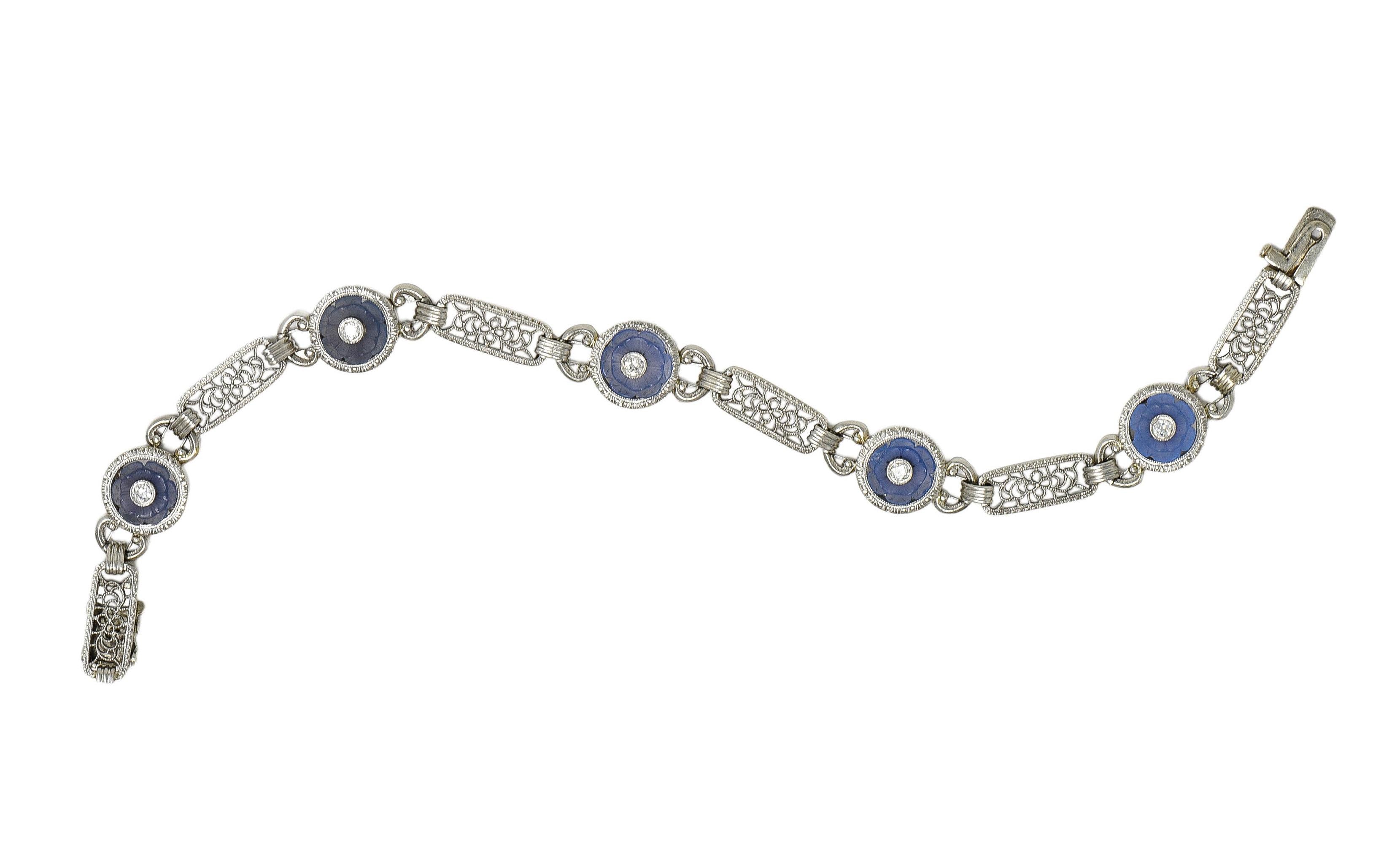 Bippart & Co. Art Deco Diamond Blue Camphor Glass Vintage Floral Link Bracelet