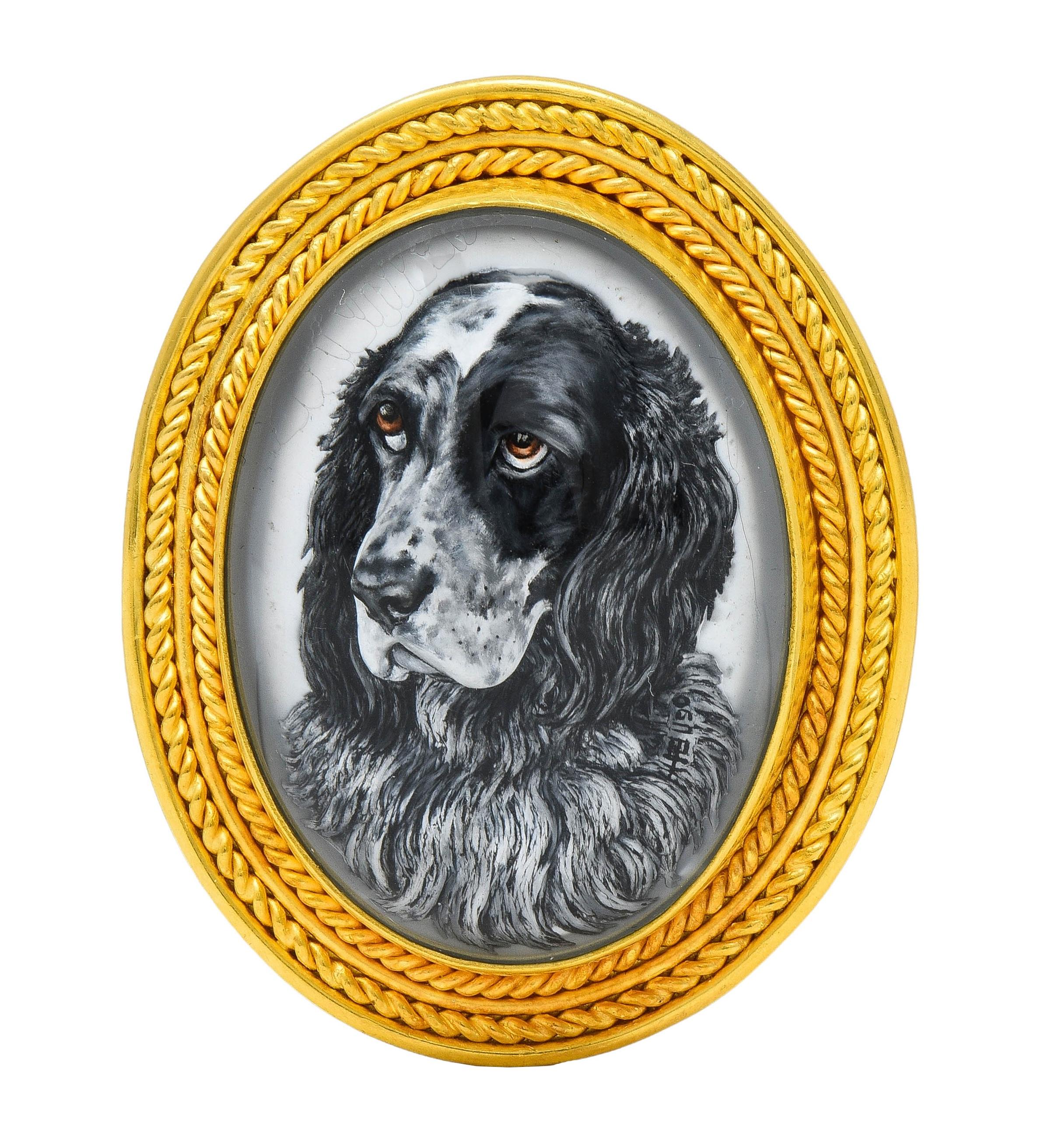 Edwardian Carved Essex Crystal 18K Gold Painted Cameo Antique Dog Pendant Brooch