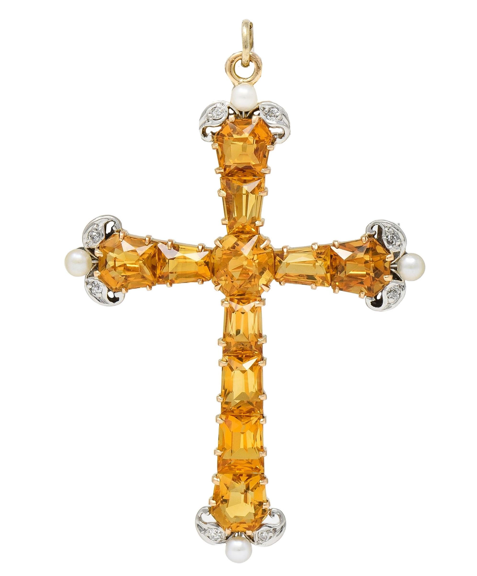 Edwardian 12.04 CTW Citrine Diamond Pearl 14K Gold Antique Cross Pendant Brooch