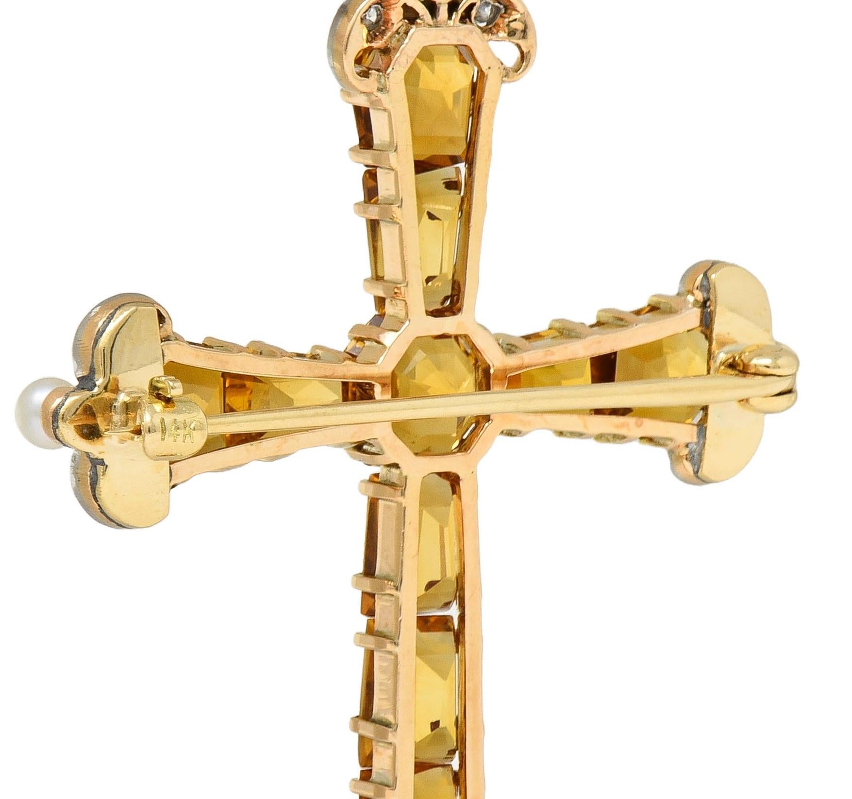 Edwardian 12.04 CTW Citrine Diamond Pearl 14K Gold Antique Cross Pendant Brooch