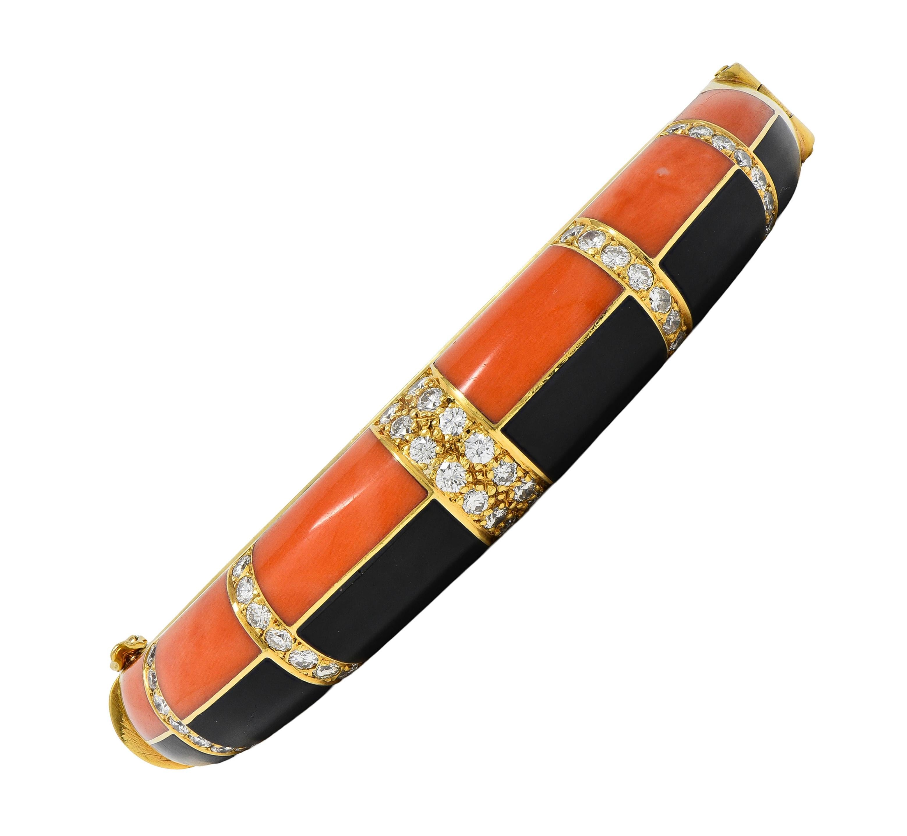 1960's Diamond Coral Onyx 18 Karat Yellow Gold Inlaid Vintage Bangle Bracelet