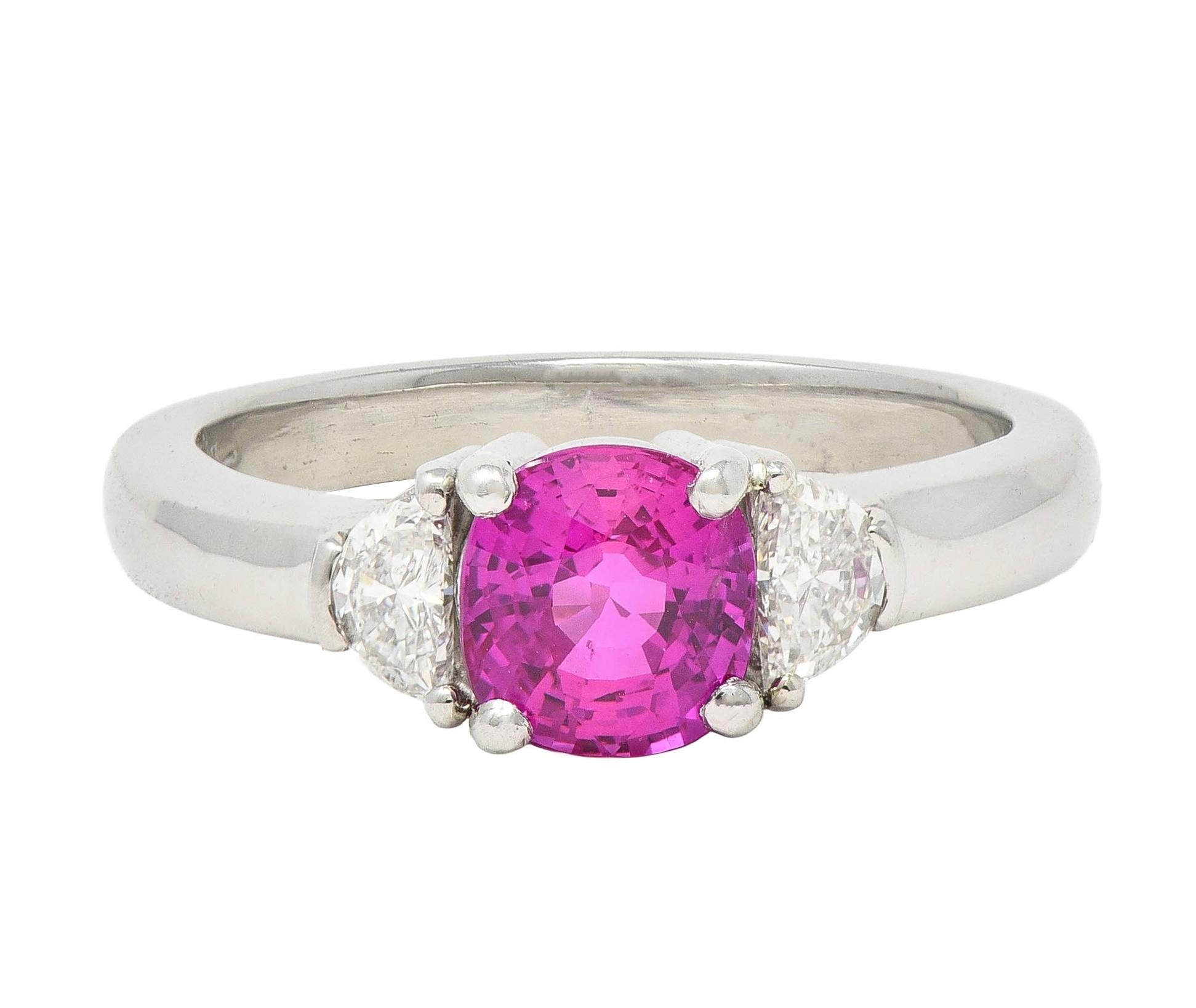 1990's 1.78 CTW Pink Sapphire Diamond Platinum Vintage Three Stone Ring