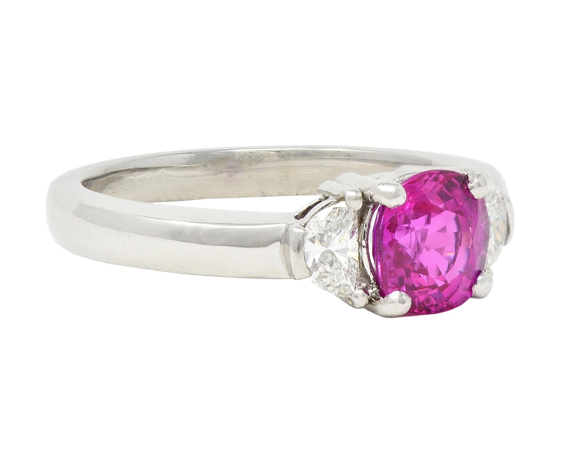 1990's 1.78 CTW Pink Sapphire Diamond Platinum Vintage Three Stone Ring