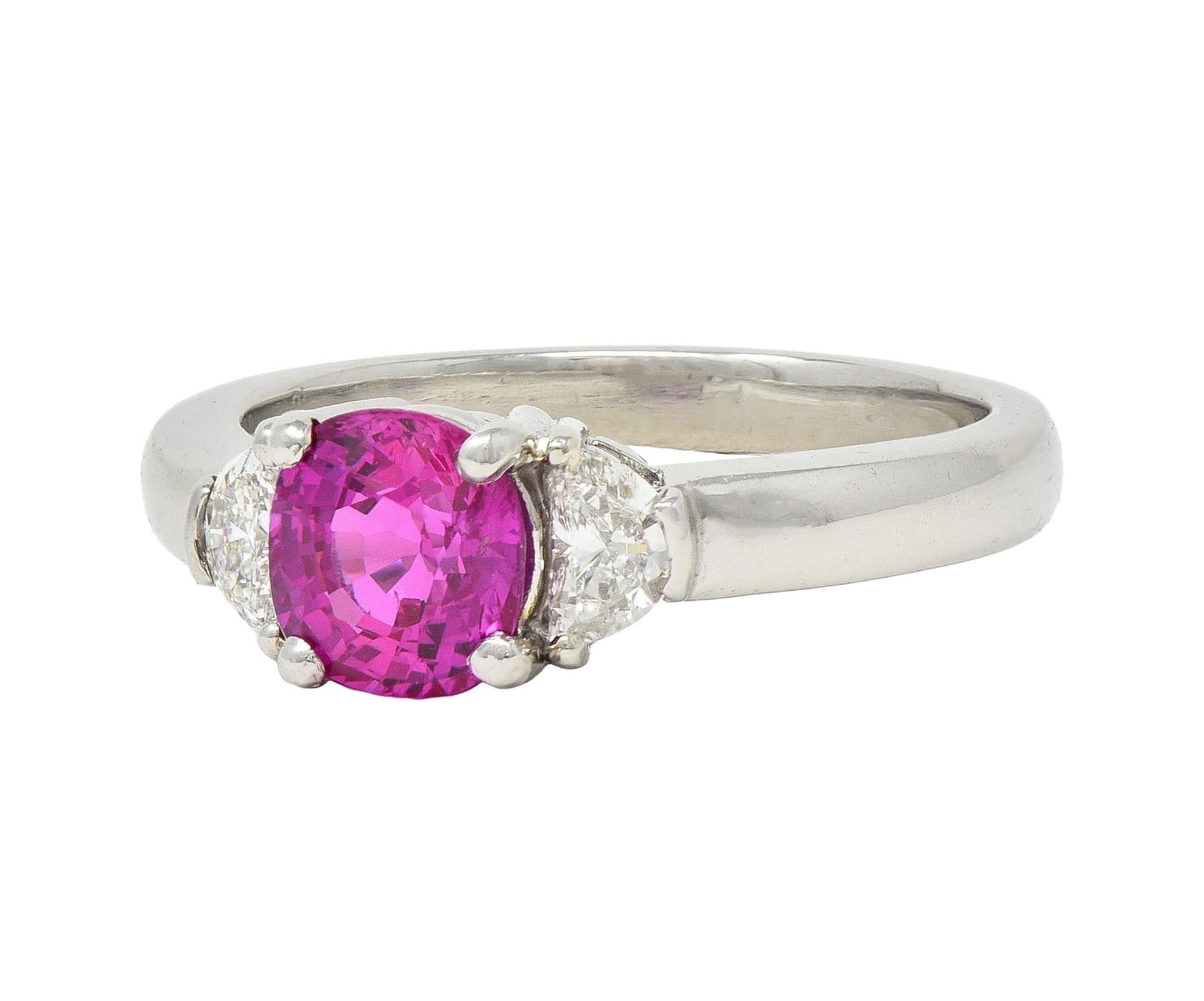 1990's 1.78 CTW Pink Sapphire Diamond Platinum Vintage Three Stone Ring