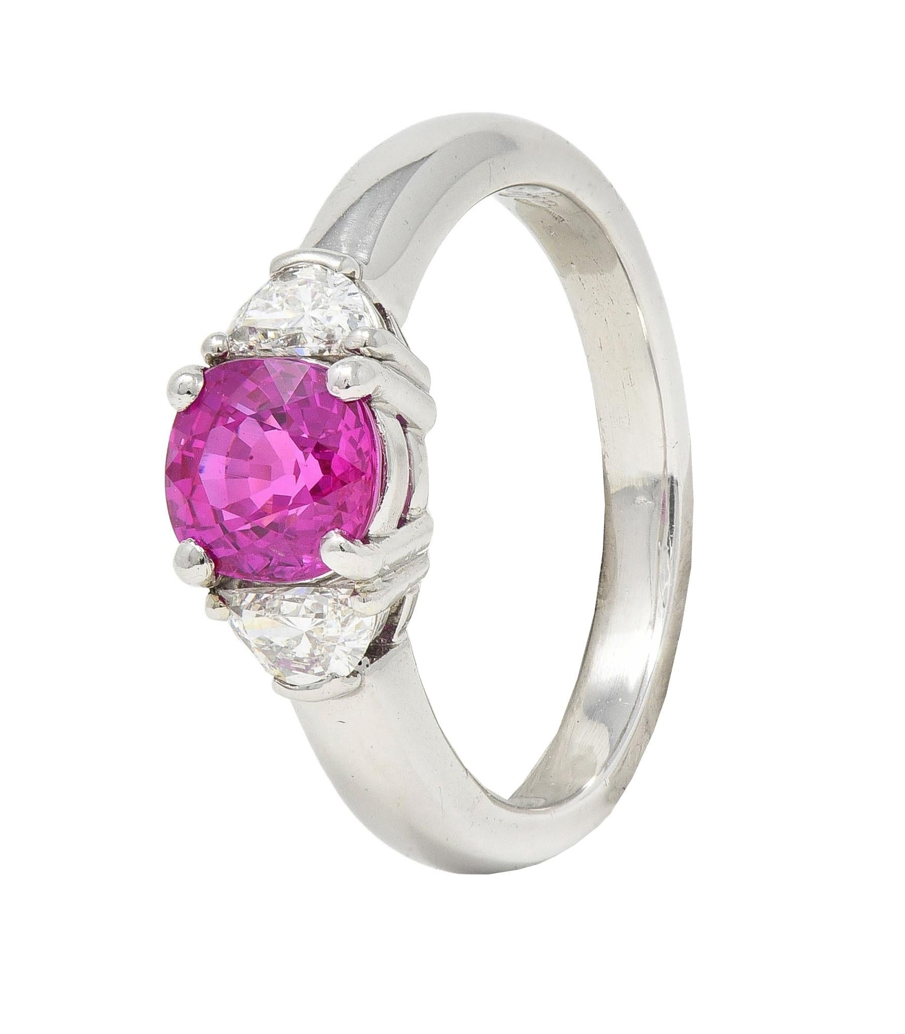 1990's 1.78 CTW Pink Sapphire Diamond Platinum Vintage Three Stone Ring