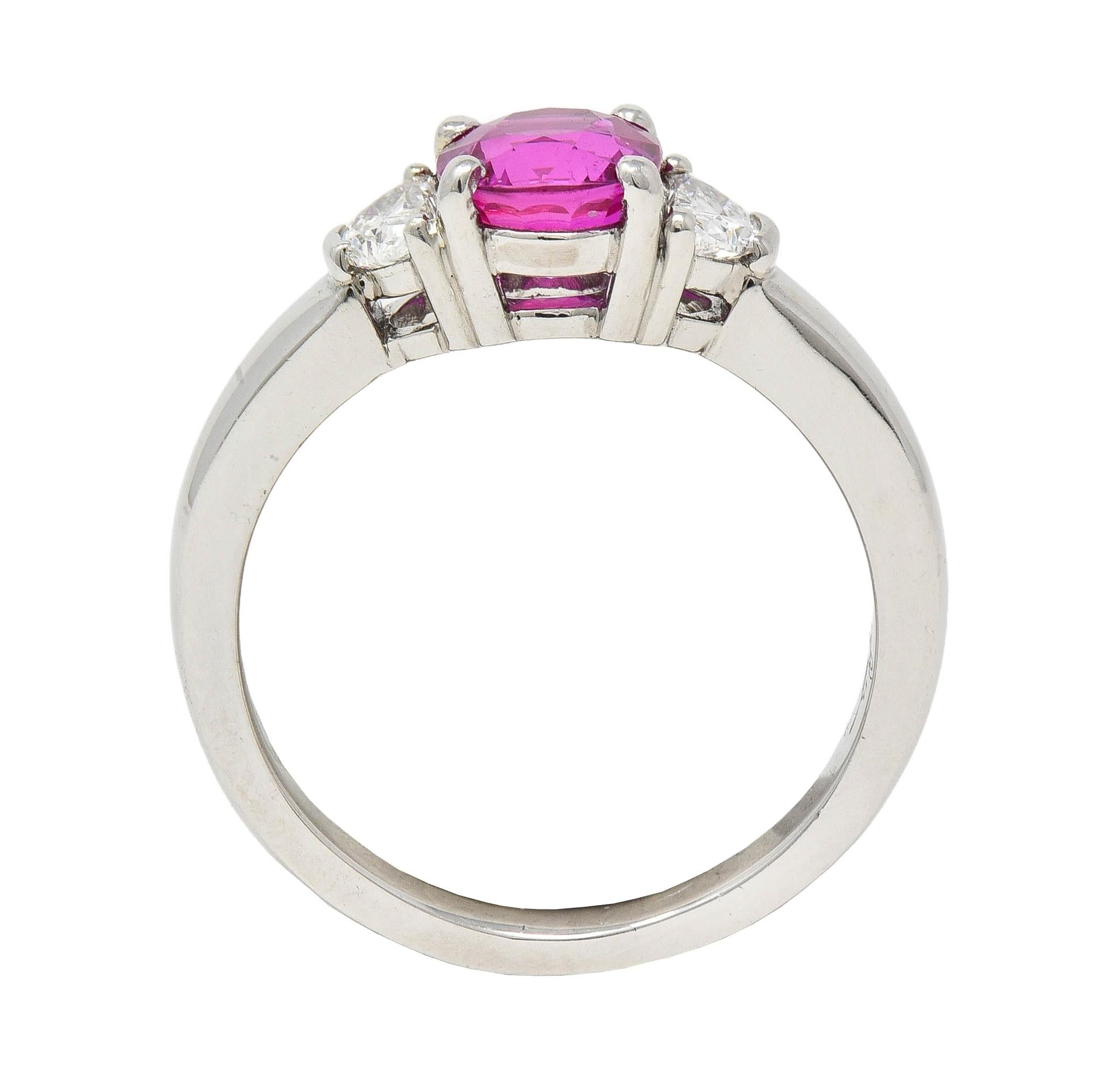 1990's 1.78 CTW Pink Sapphire Diamond Platinum Vintage Three Stone Ring