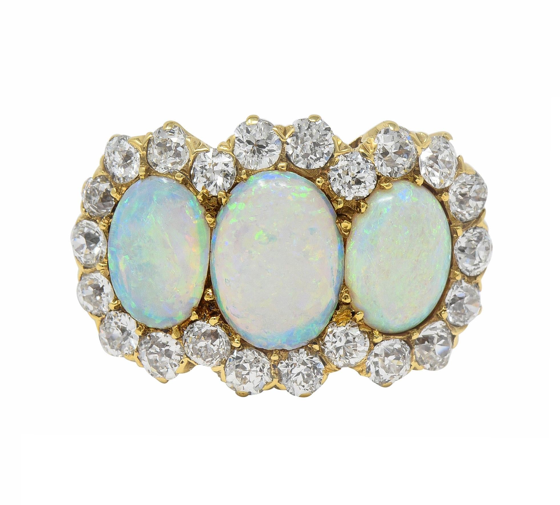 Late Victorian Opal 1.76 CTW Diamond 18 Karat Yellow Gold Antique Halo Ring