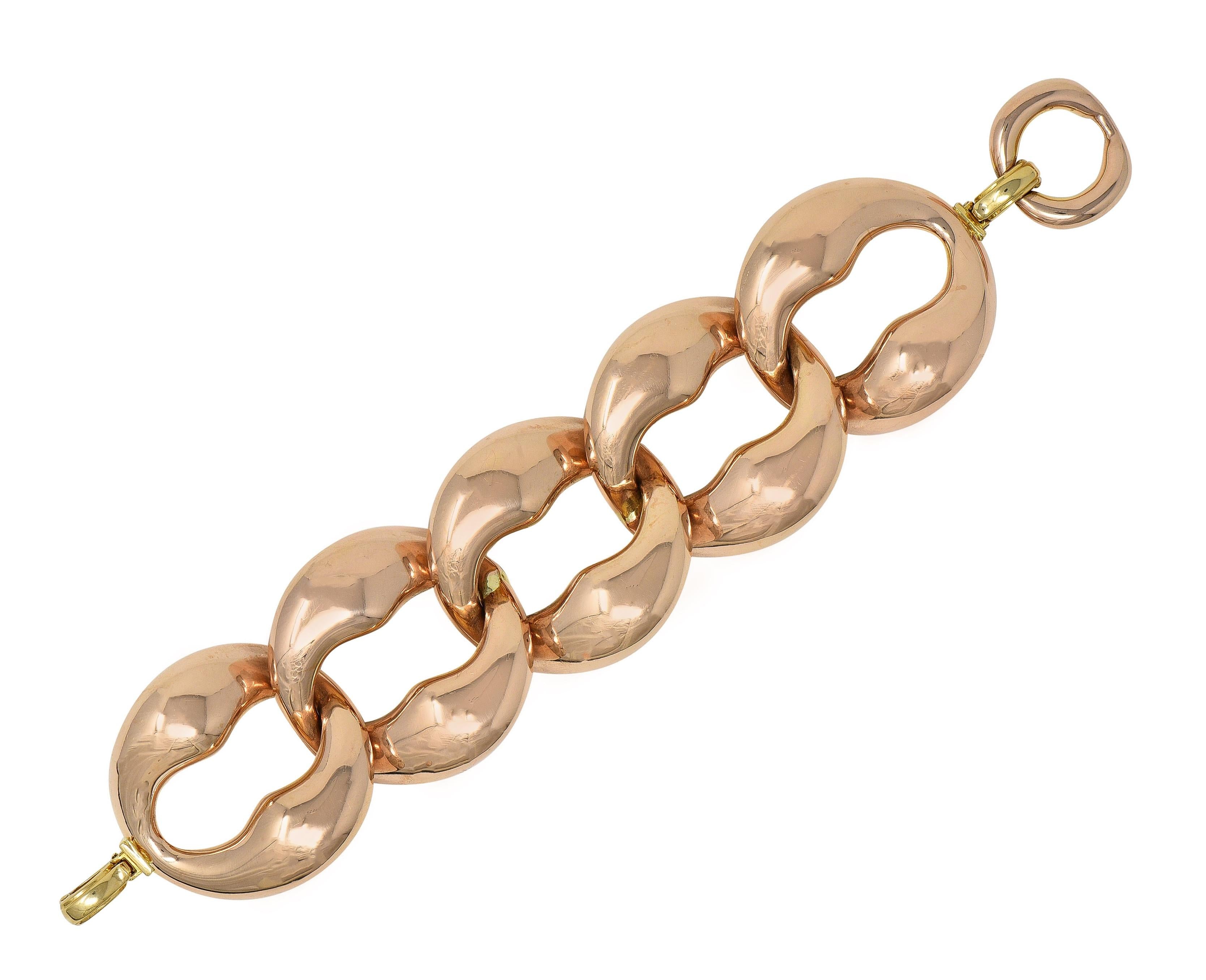 1980's 14 Karat Two-Tone Rose Gold Puffed Vintage Curb Link Bracelet