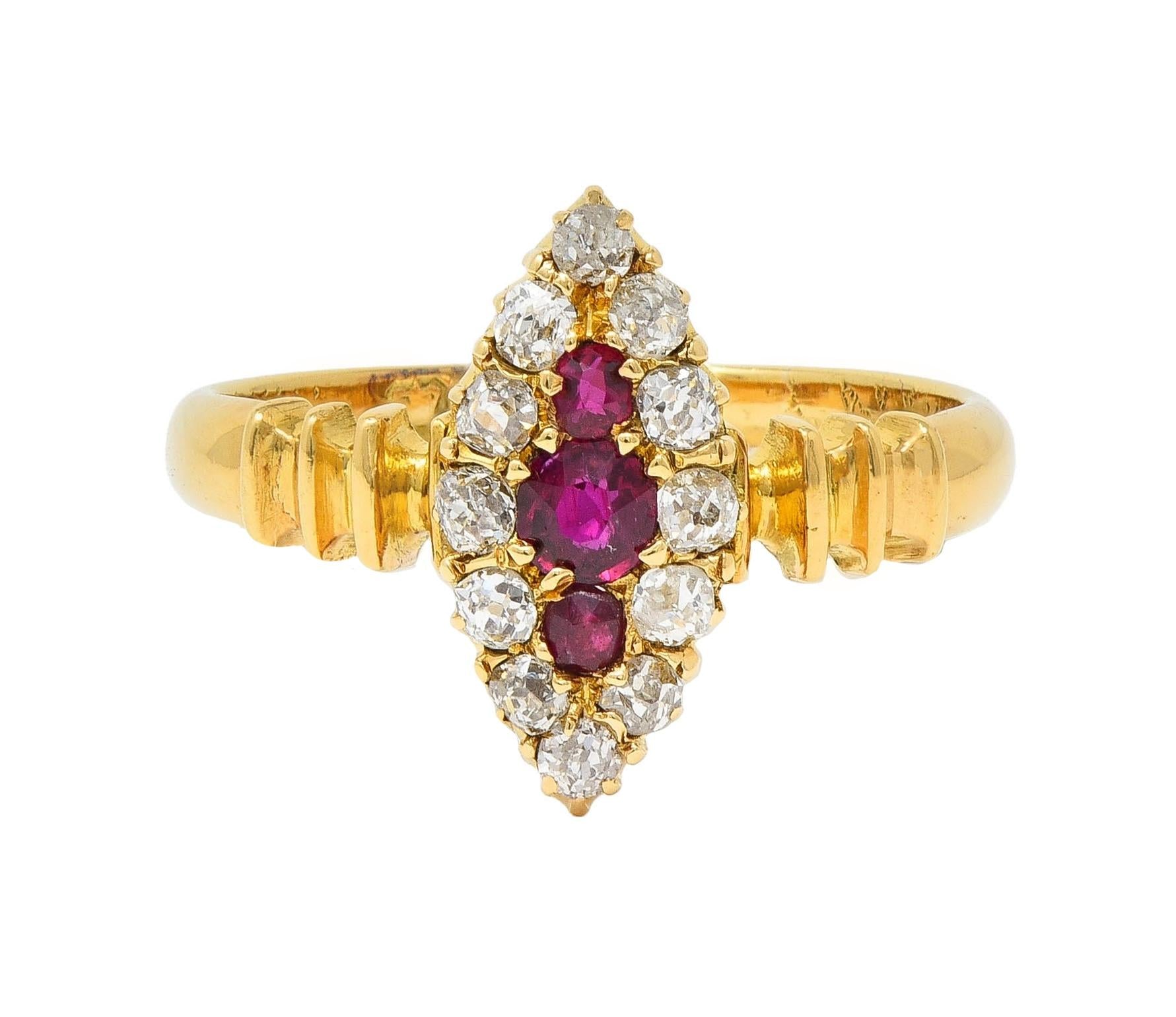 Victorian 0.62 CTW Ruby Diamond 18 Karat Yellow Gold Antique Navette Ring