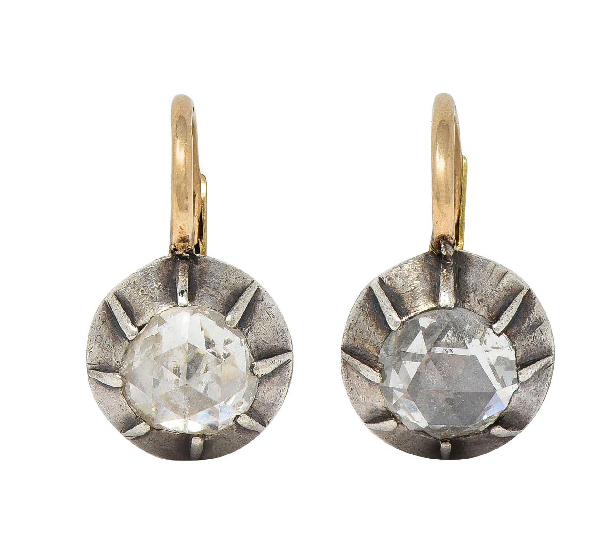 Georgian Rose Cut Diamond Silver 14K Gold Antique Collete Earrings