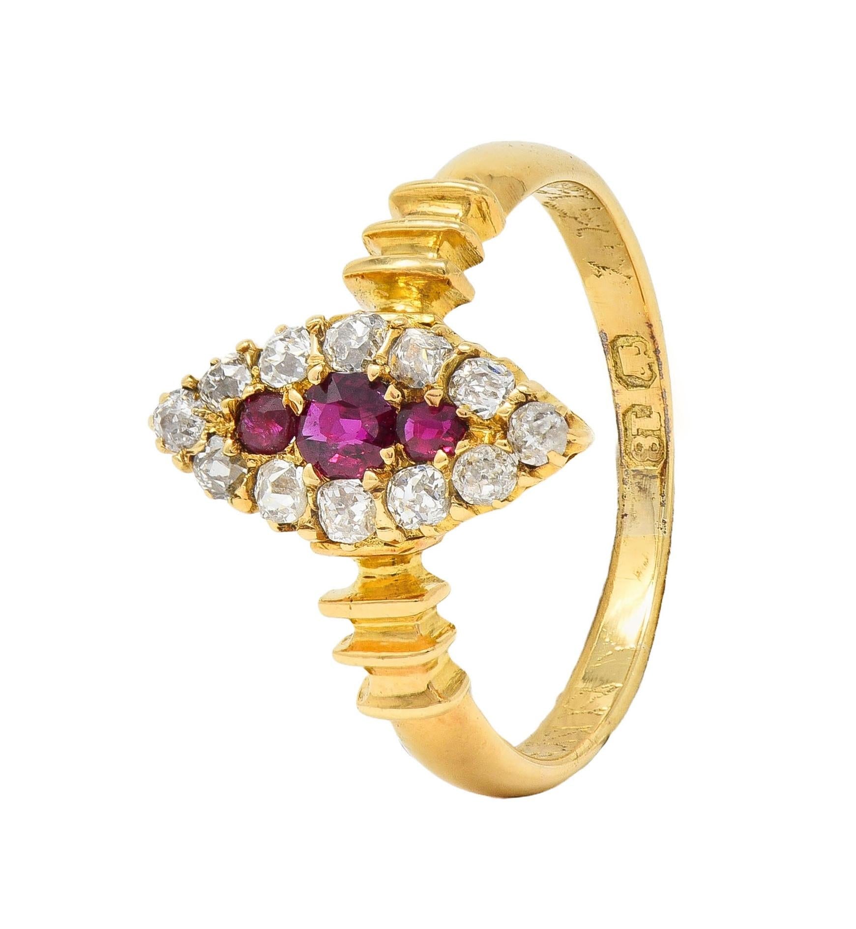 Victorian 0.62 CTW Ruby Diamond 18 Karat Yellow Gold Antique Navette Ring